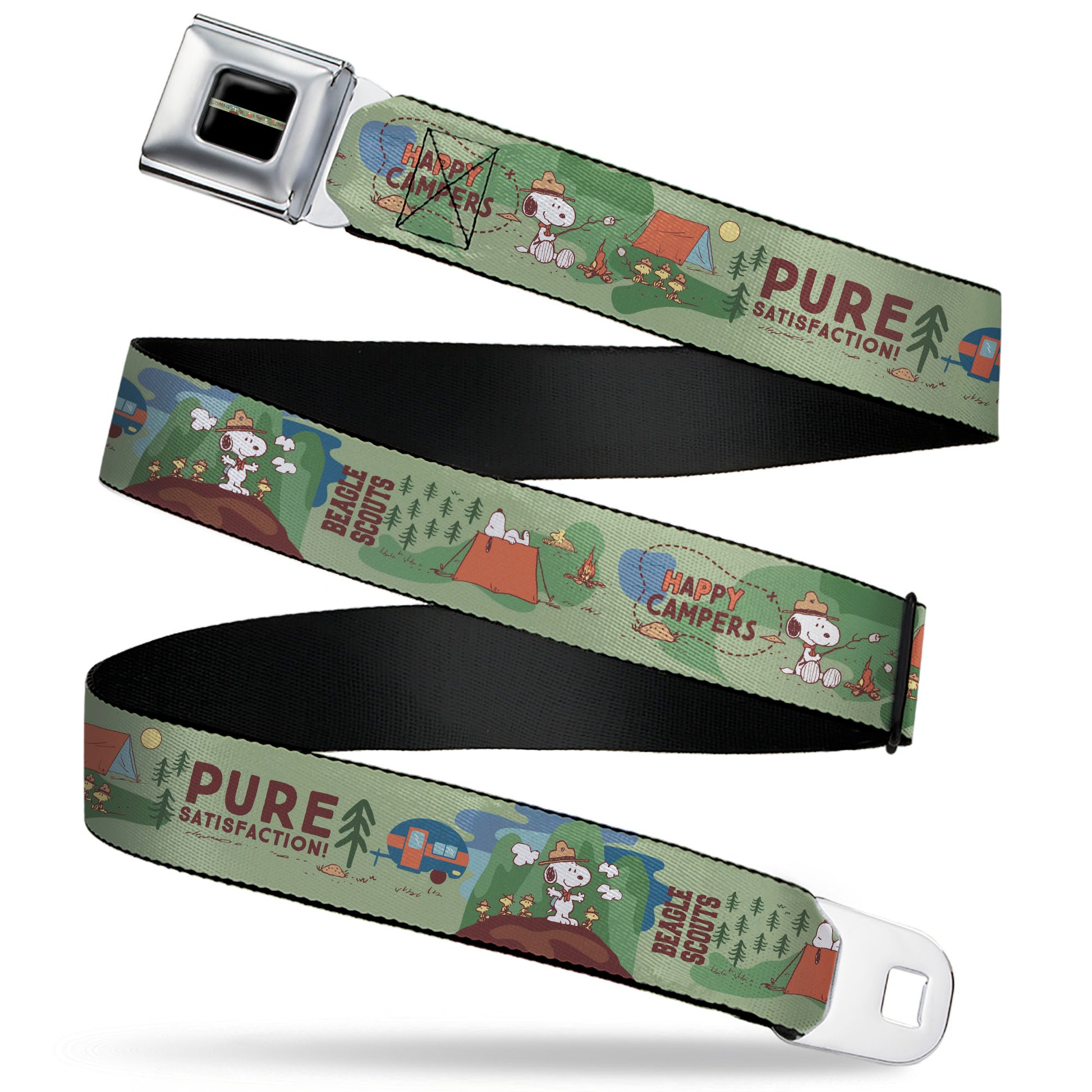 buckle down PEANUTS Title Logo Full Color Black/White Seatbelt Belt - Peanuts HAPPY CAMPER BEAGLE SCOUTS Scenes Webbing