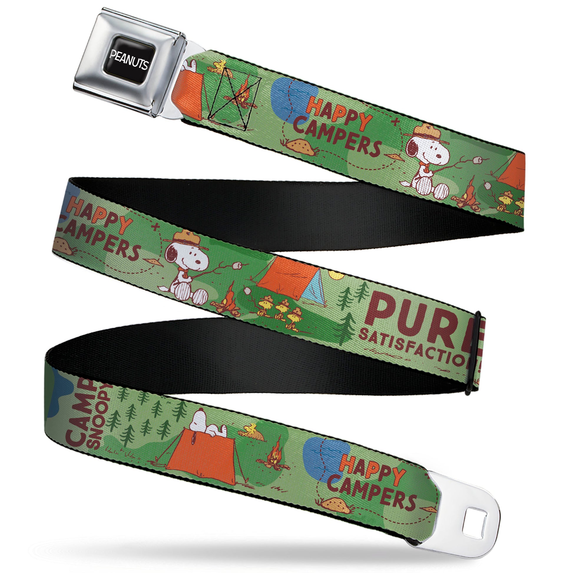 PEANUTS Title Logo Full Color Black/White Seatbelt Belt - Peanuts HAPPY CAMPER BEAGLE SCOUTS Scenes Webbing Seatbelt Belts Peanuts