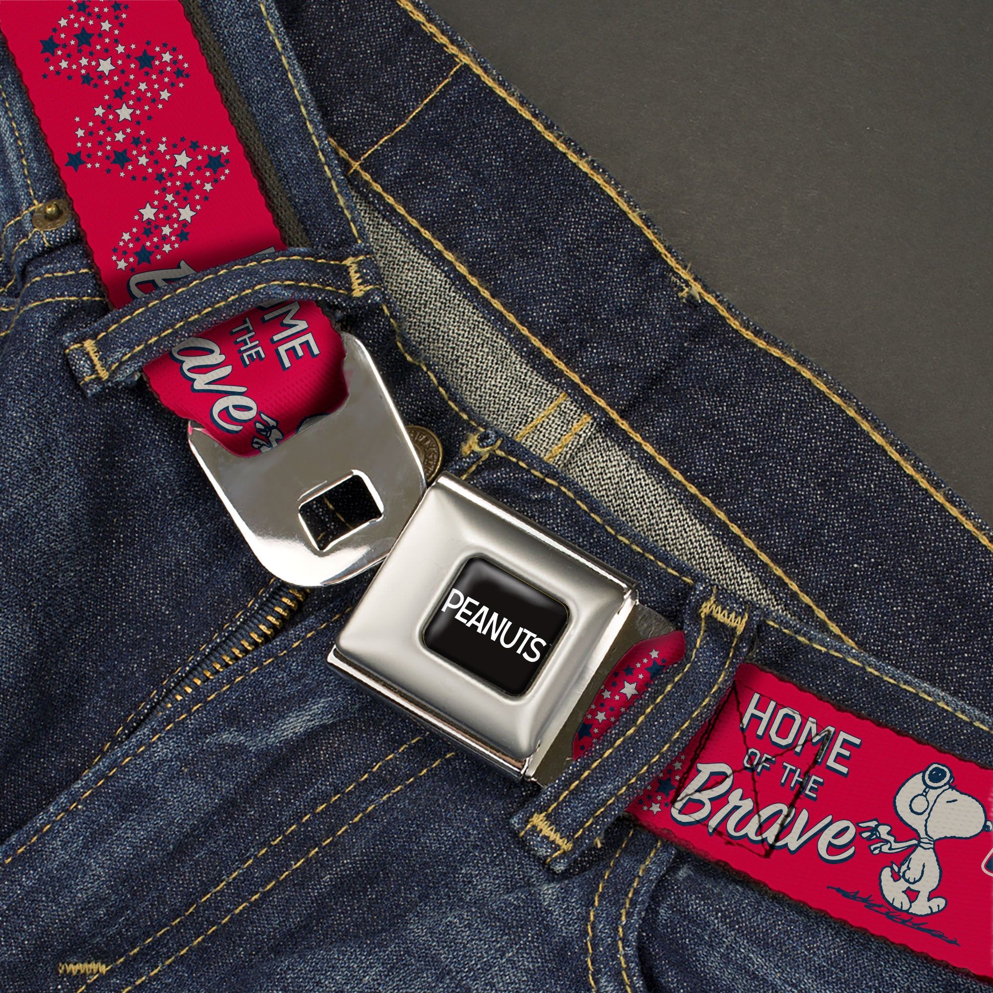 PEANUTS Title Logo Full Color Black/White Seatbelt Belt - Peanuts Gang AMERICAN SUMMER Poses Red/Blue/White Webbing Seatbelt Belts Peanuts