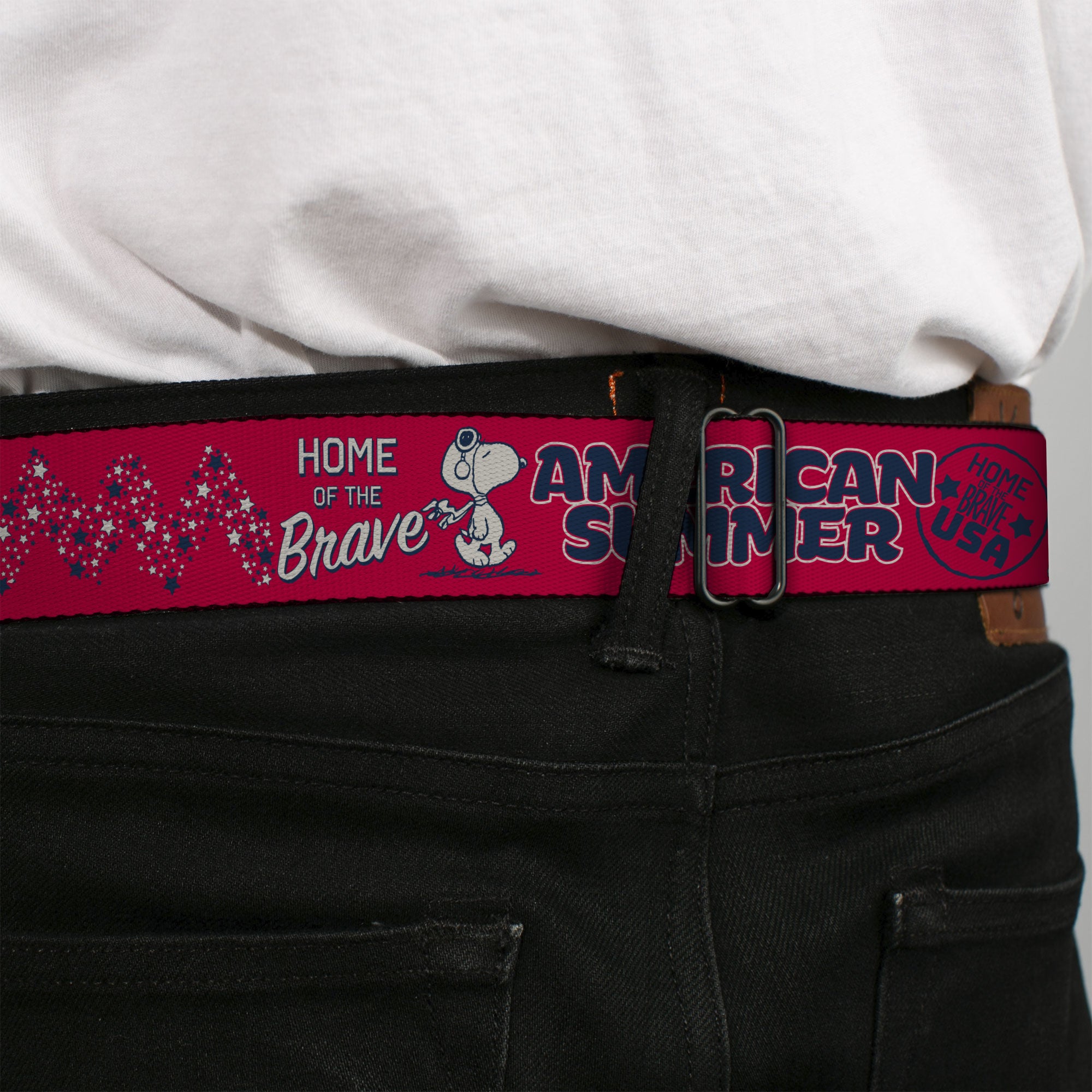 PEANUTS Title Logo Full Color Black/White Seatbelt Belt - Peanuts Gang AMERICAN SUMMER Poses Red/Blue/White Webbing Seatbelt Belts Peanuts