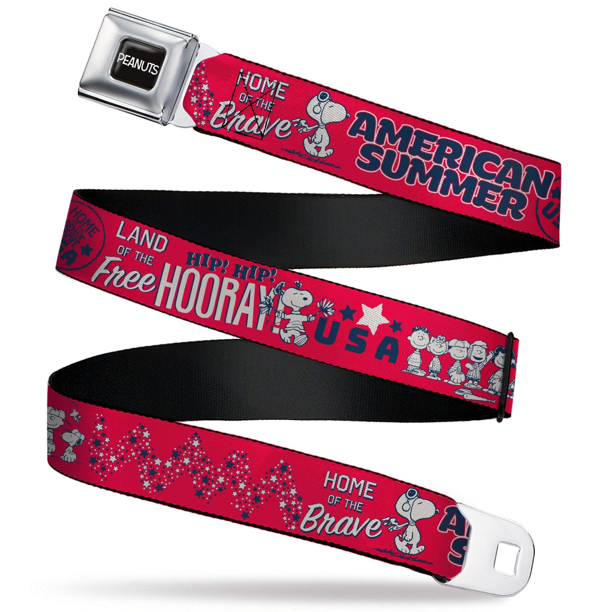 PEANUTS Title Logo Full Color Black/White Seatbelt Belt - Peanuts Gang AMERICAN SUMMER Poses Red/Blue/White Webbing Seatbelt Belts Peanuts