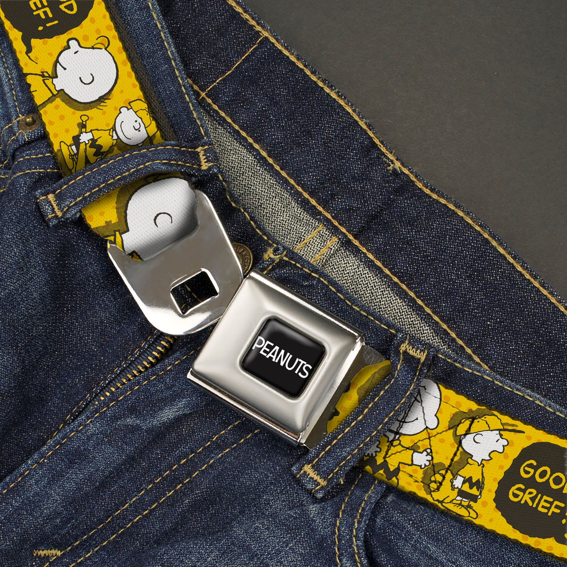 PEANUTS Title Logo Full Color Black/White Seatbelt Belt - Peanuts I AM CHARLIE BROWN Poses and Zig Zag Stripe Yellows/Black Webbing Seatbelt Belts Peanuts