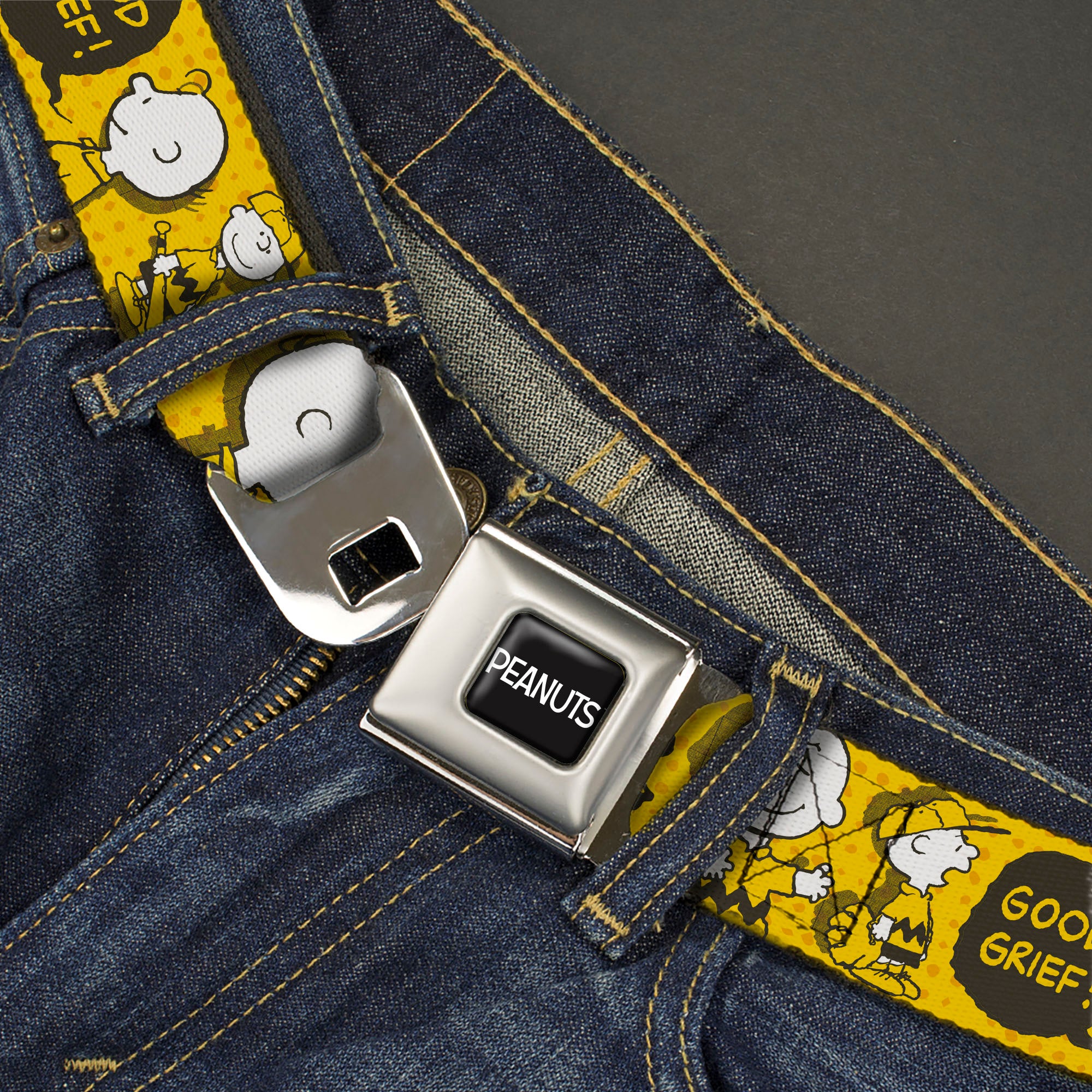 PEANUTS Title Logo Full Color Black/White Seatbelt Belt - Peanuts I AM CHARLIE BROWN Poses and Zig Zag Stripe Yellows/Black Webbing Seatbelt Belts Peanuts