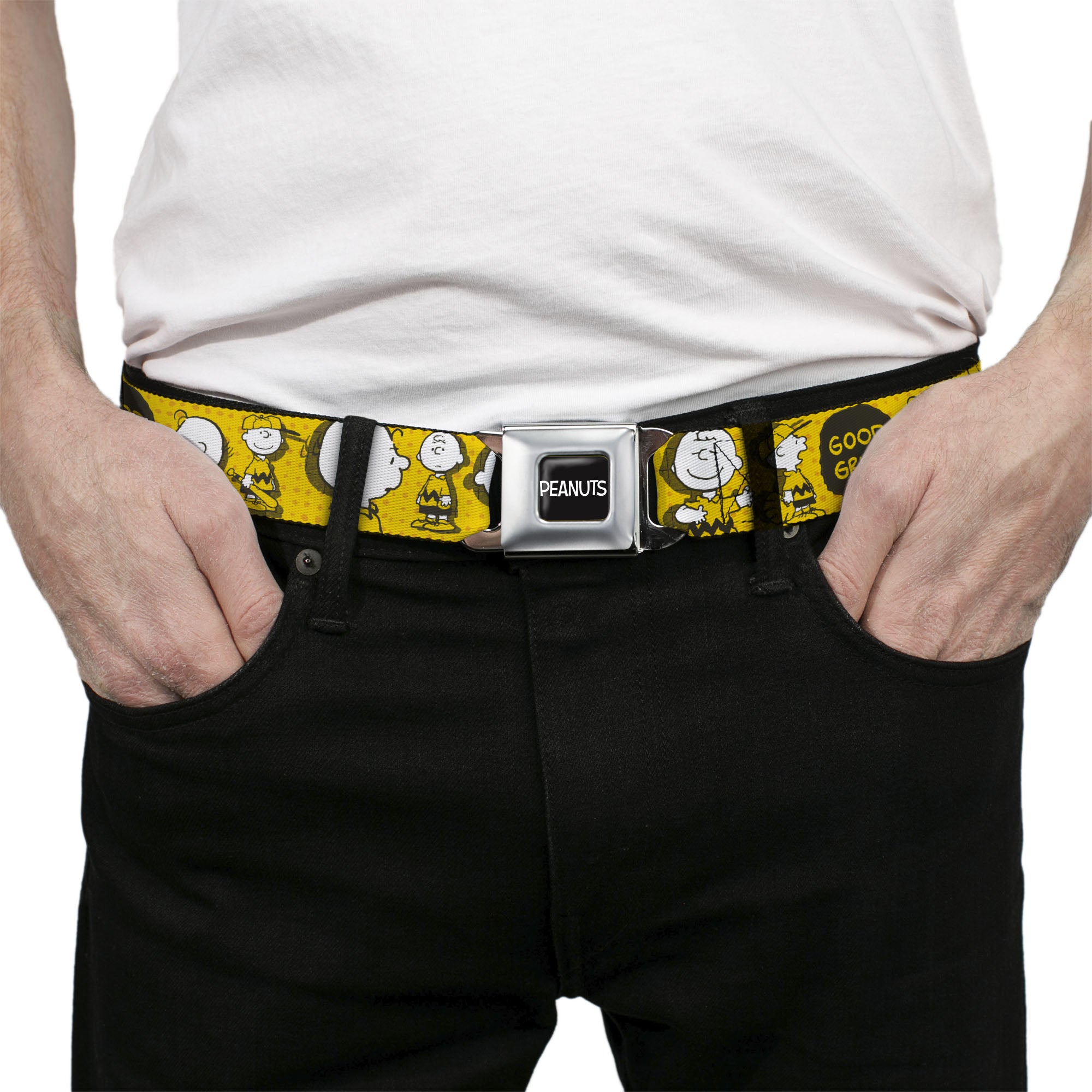 PEANUTS Title Logo Full Color Black/White Seatbelt Belt - Peanuts I AM CHARLIE BROWN Poses and Zig Zag Stripe Yellows/Black Webbing Seatbelt Belts Peanuts