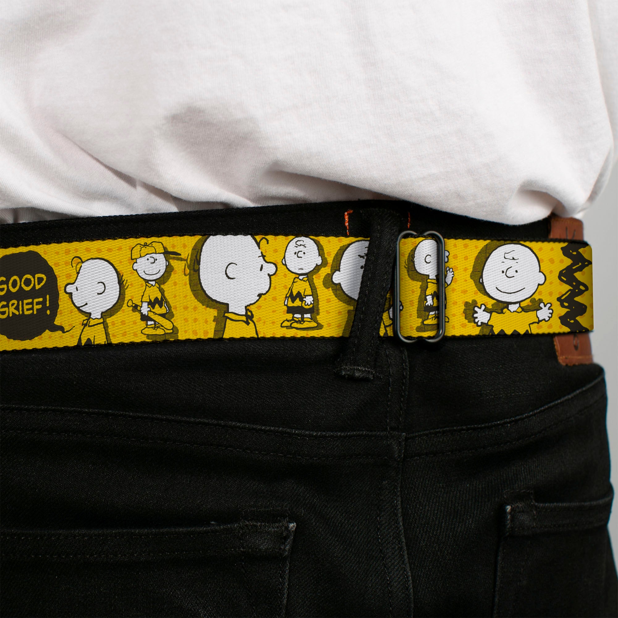 PEANUTS Title Logo Full Color Black/White Seatbelt Belt - Peanuts I AM CHARLIE BROWN Poses and Zig Zag Stripe Yellows/Black Webbing Seatbelt Belts Peanuts