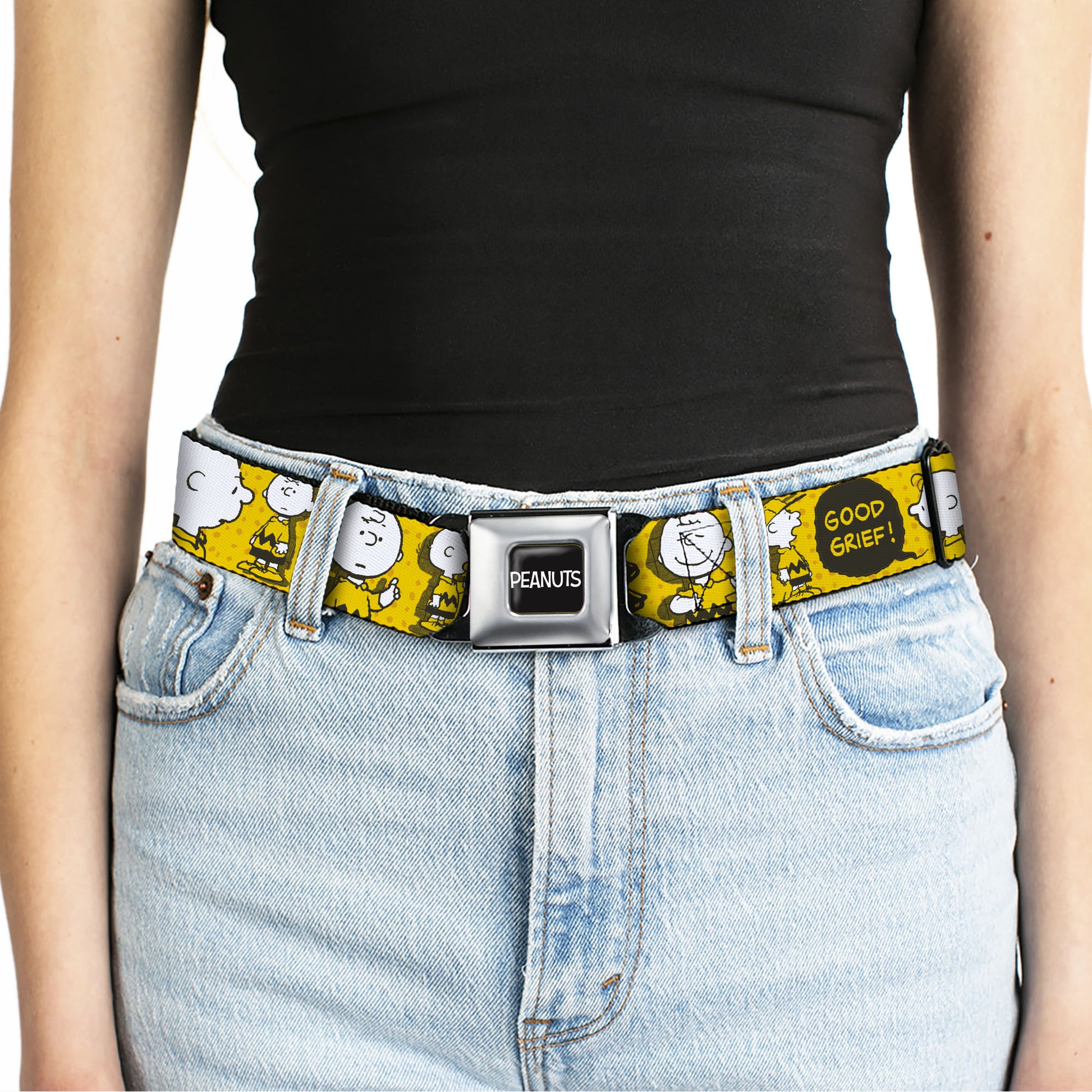 PEANUTS Title Logo Full Color Black/White Seatbelt Belt - Peanuts I AM CHARLIE BROWN Poses and Zig Zag Stripe Yellows/Black Webbing Seatbelt Belts Peanuts