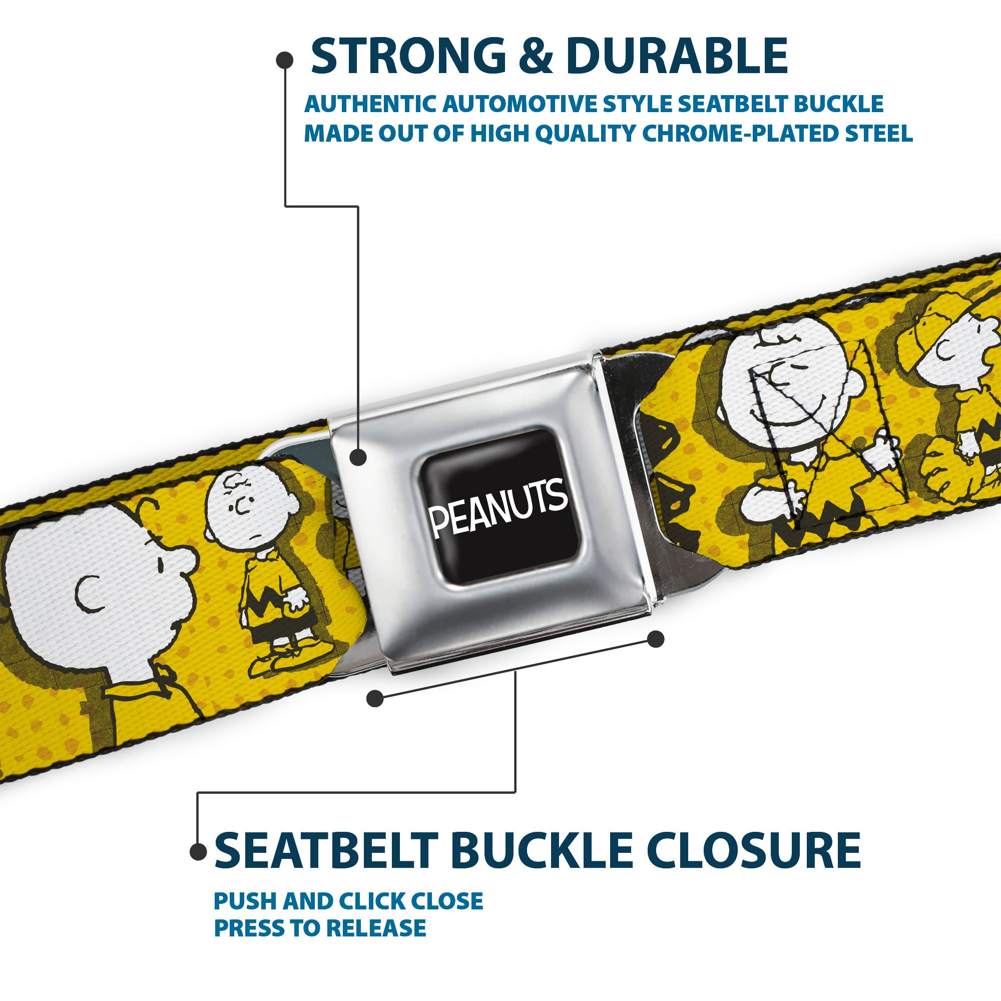 PEANUTS Title Logo Full Color Black/White Seatbelt Belt - Peanuts I AM CHARLIE BROWN Poses and Zig Zag Stripe Yellows/Black Webbing Seatbelt Belts Peanuts