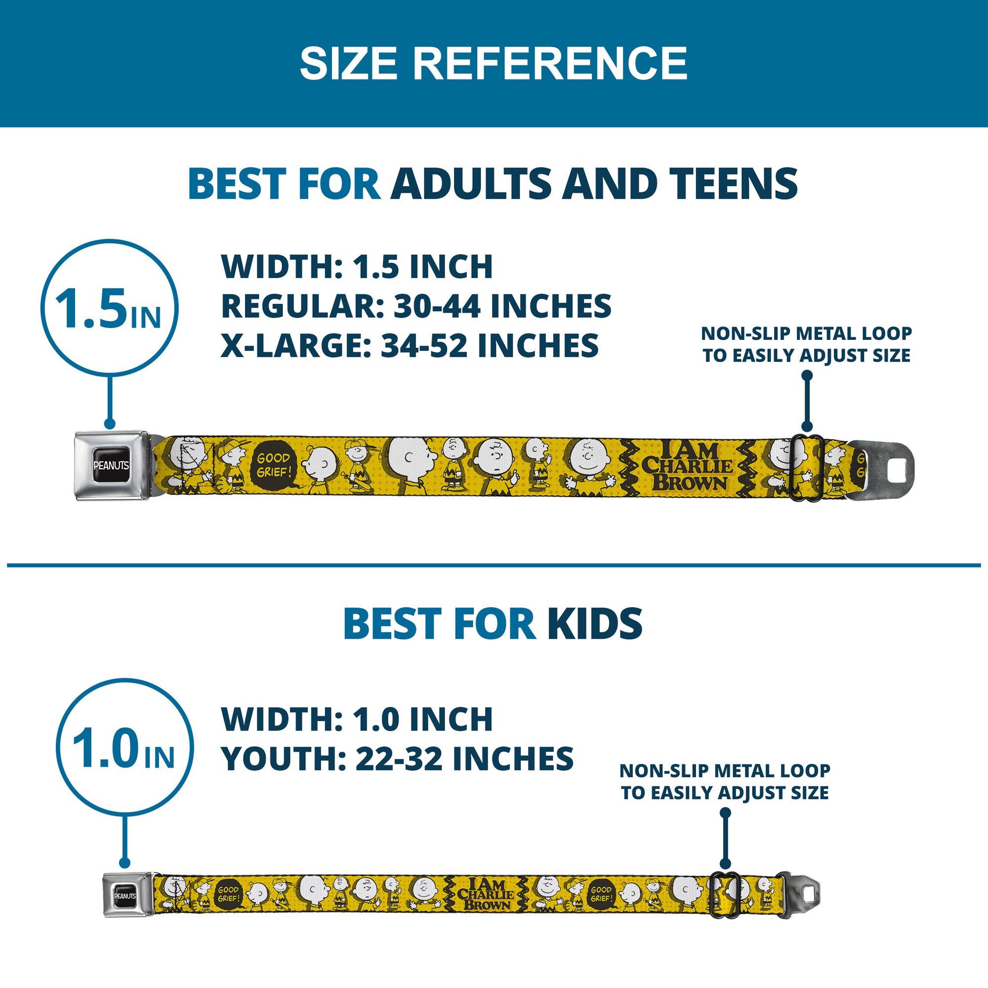 PEANUTS Title Logo Full Color Black/White Seatbelt Belt - Peanuts I AM CHARLIE BROWN Poses and Zig Zag Stripe Yellows/Black Webbing Seatbelt Belts Peanuts