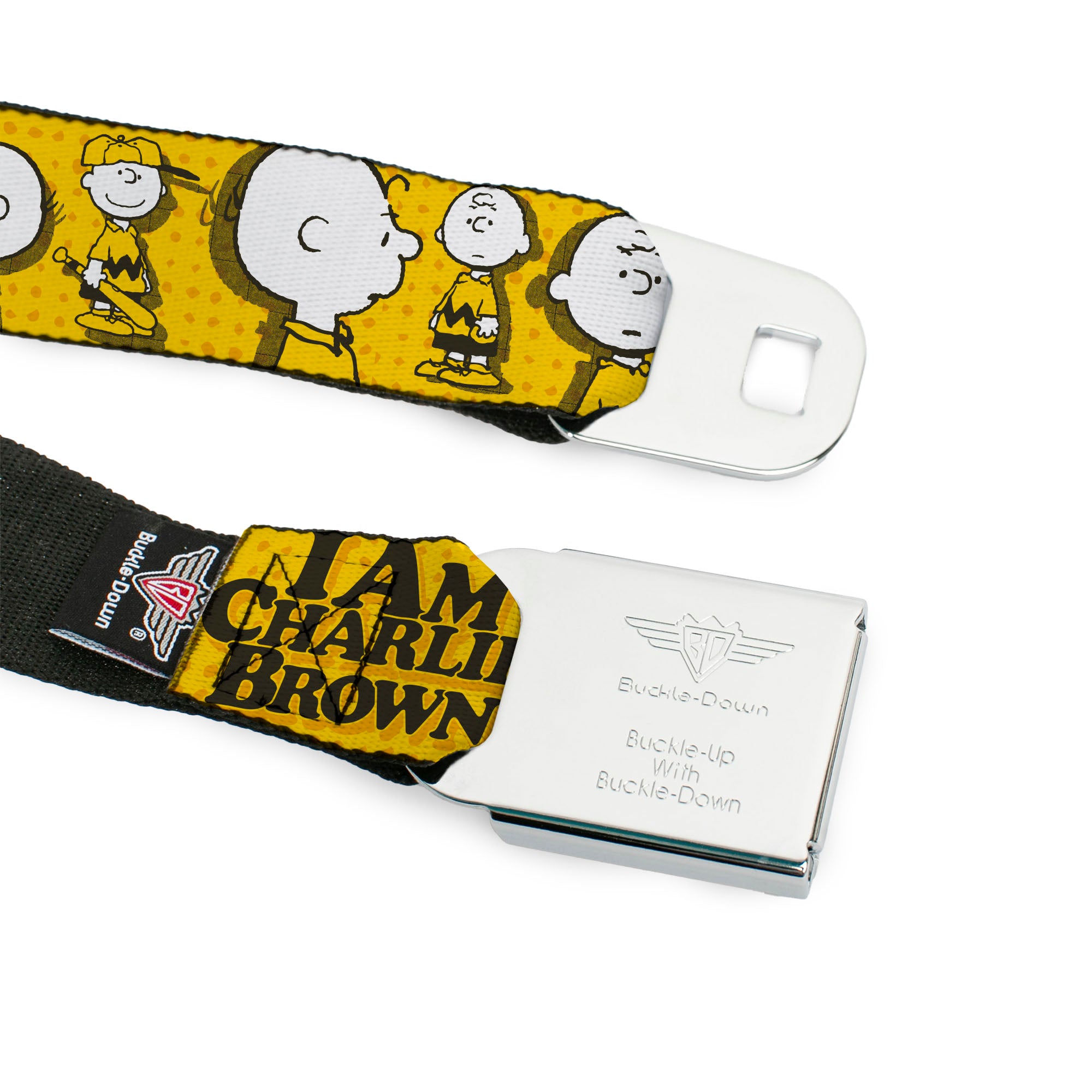 PEANUTS Title Logo Full Color Black/White Seatbelt Belt - Peanuts I AM CHARLIE BROWN Poses and Zig Zag Stripe Yellows/Black Webbing Seatbelt Belts Peanuts