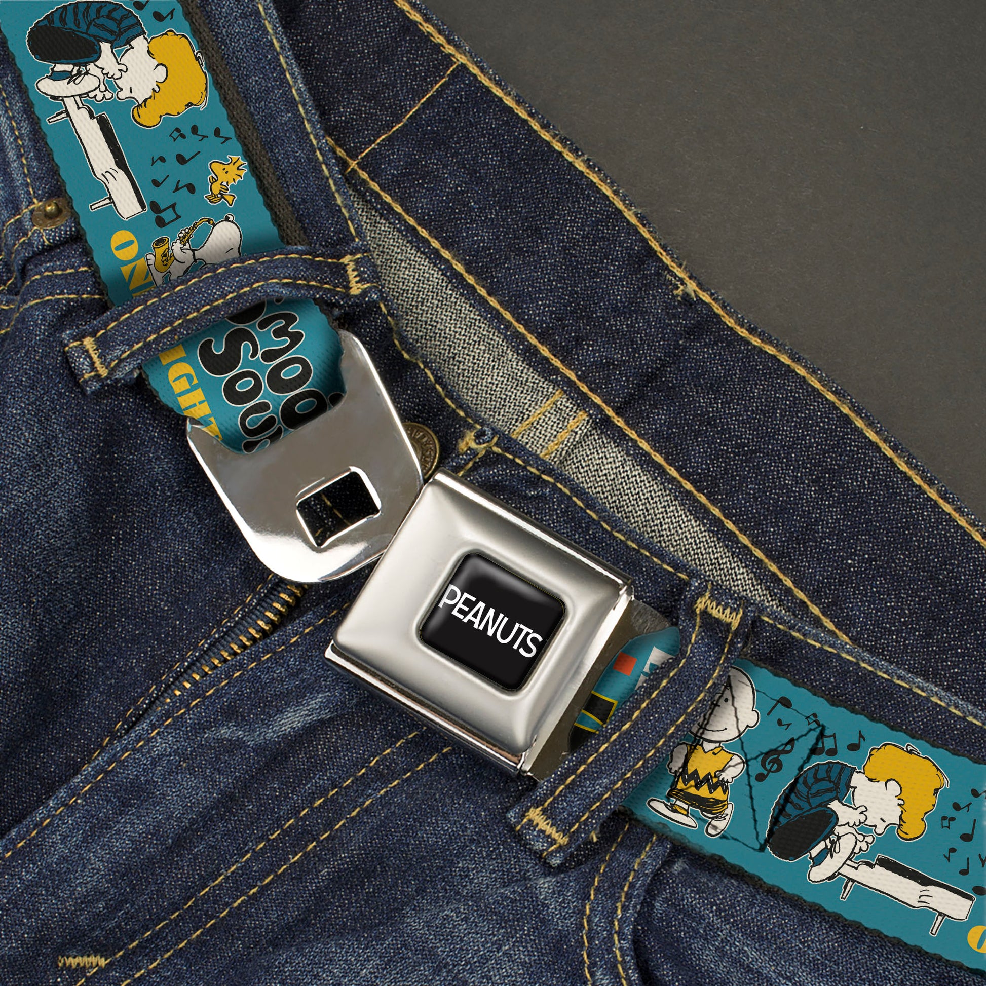 PEANUTS Title Logo Full Color Black/White Seatbelt Belt - Peanuts Gang DANCE MUSIC Poses and Quotes Blue/Multi Color Webbing Seatbelt Belts Peanuts