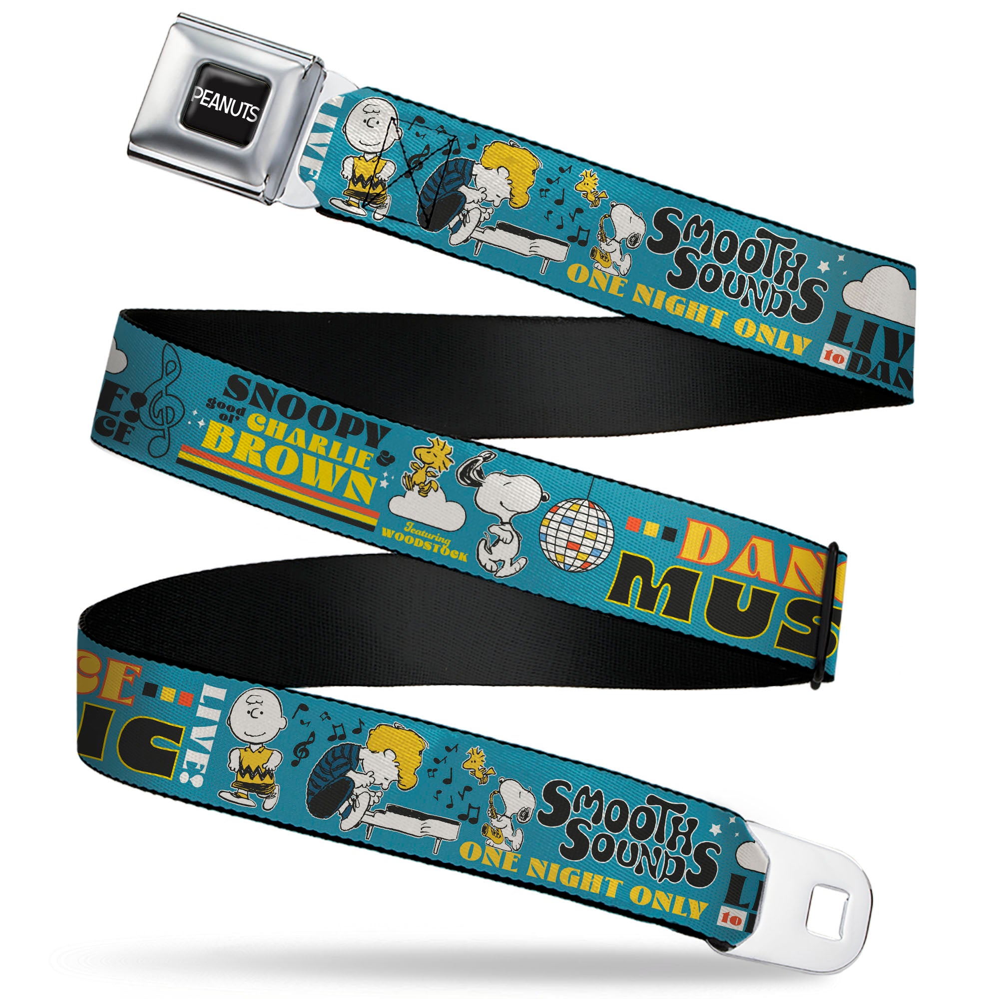 PEANUTS Title Logo Full Color Black/White Seatbelt Belt - Peanuts Gang DANCE MUSIC Poses and Quotes Blue/Multi Color Webbing Seatbelt Belts Peanuts