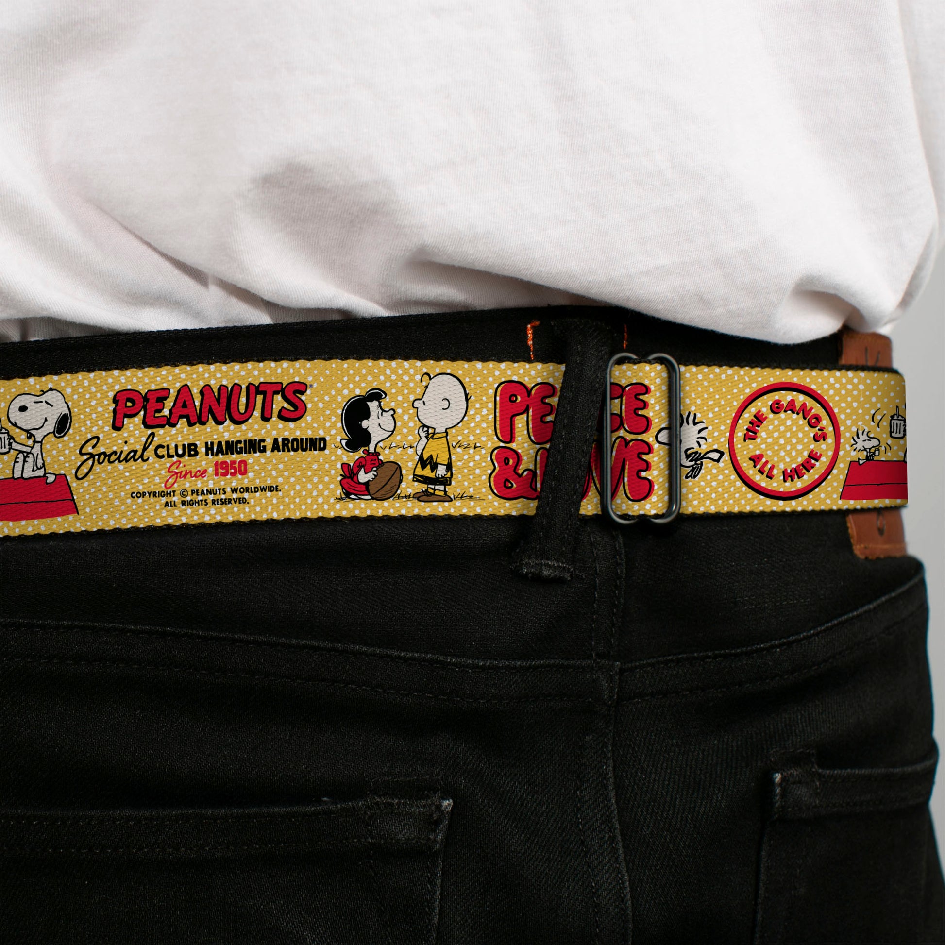 PEANUTS Title Logo Full Color Black/White Seatbelt Belt - PEANUTS SOCIAL CLUB PEACE & LOVE Scenes Yellow/Red Webbing Seatbelt Belts Peanuts