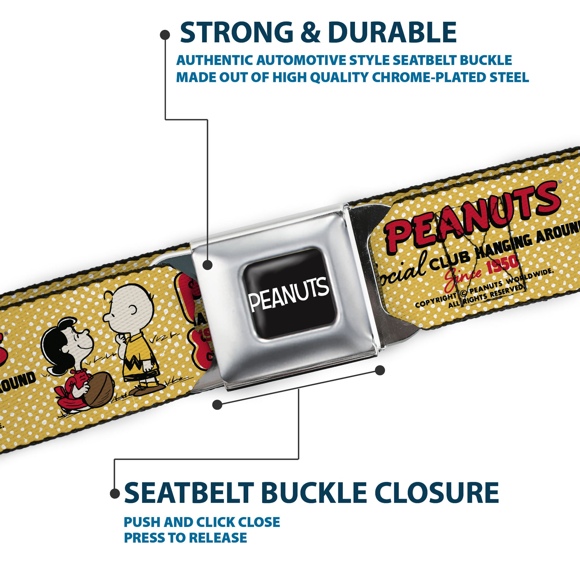 PEANUTS Title Logo Full Color Black/White Seatbelt Belt - PEANUTS SOCIAL CLUB PEACE & LOVE Scenes Yellow/Red Webbing Seatbelt Belts Peanuts