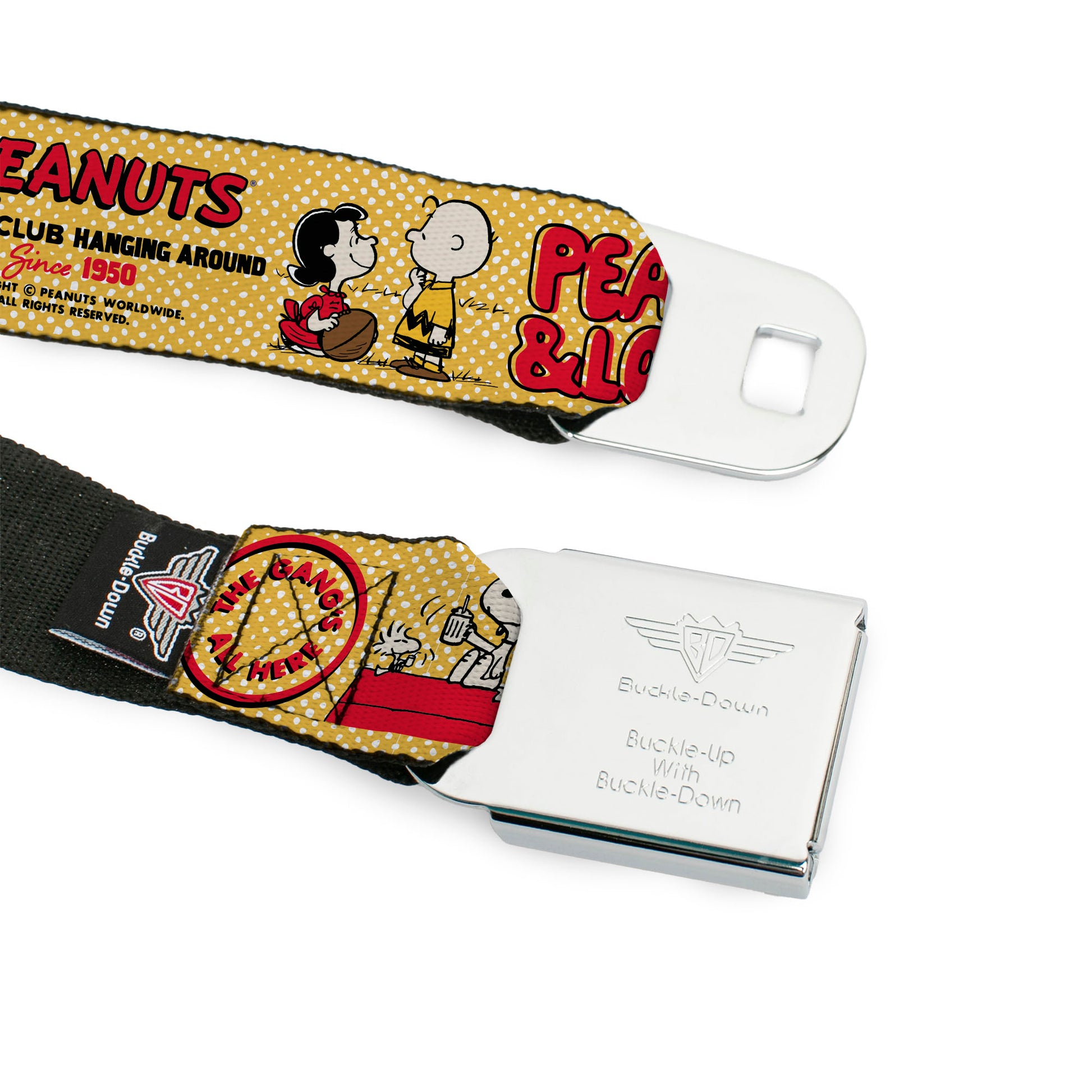 PEANUTS Title Logo Full Color Black/White Seatbelt Belt - PEANUTS SOCIAL CLUB PEACE & LOVE Scenes Yellow/Red Webbing Seatbelt Belts Peanuts