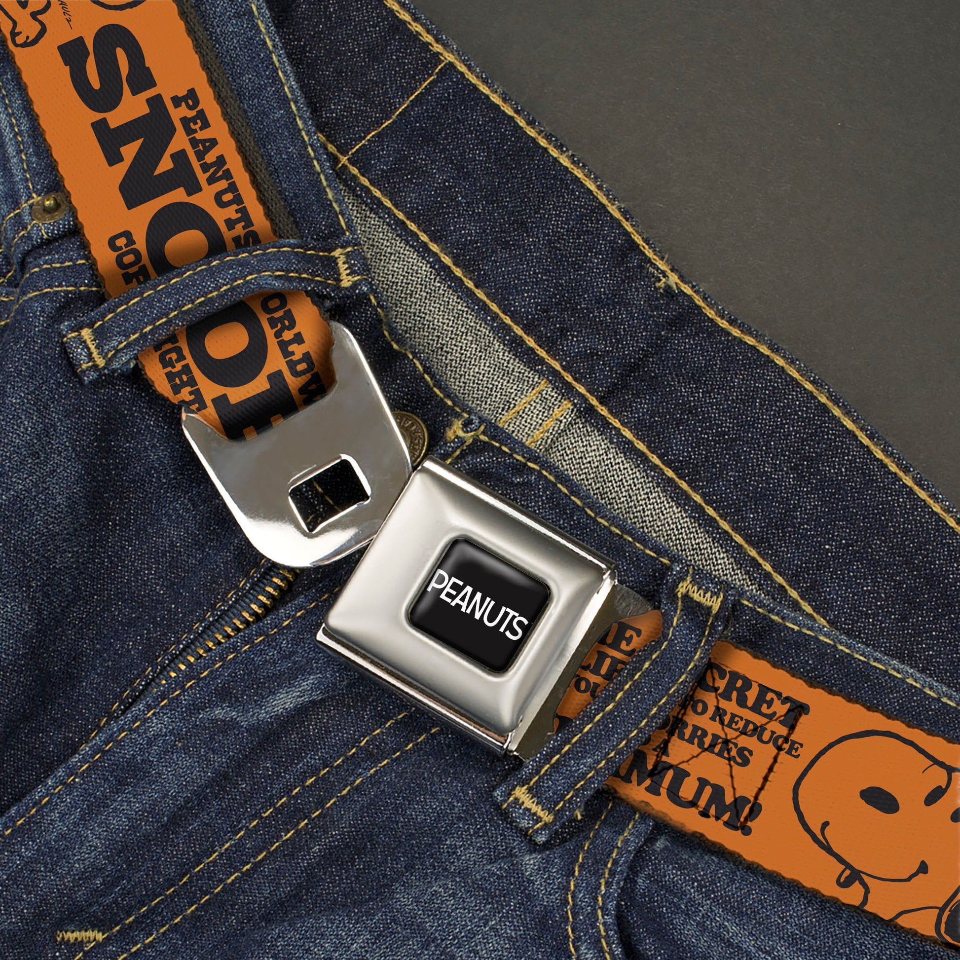 PEANUTS Title Logo Full Color Black/White Seatbelt Belt - Snoopy Poses and Quotes Collage Orange/Black Webbing Seatbelt Belts Peanuts