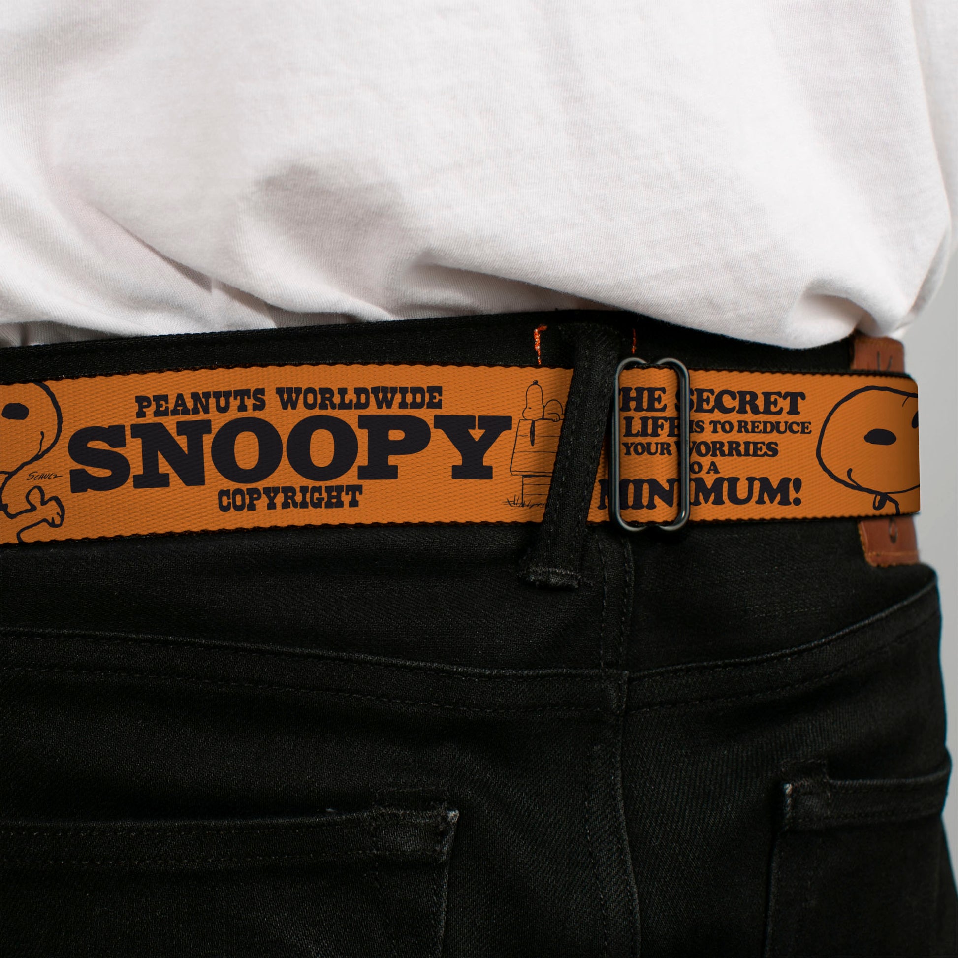 PEANUTS Title Logo Full Color Black/White Seatbelt Belt - Snoopy Poses and Quotes Collage Orange/Black Webbing Seatbelt Belts Peanuts