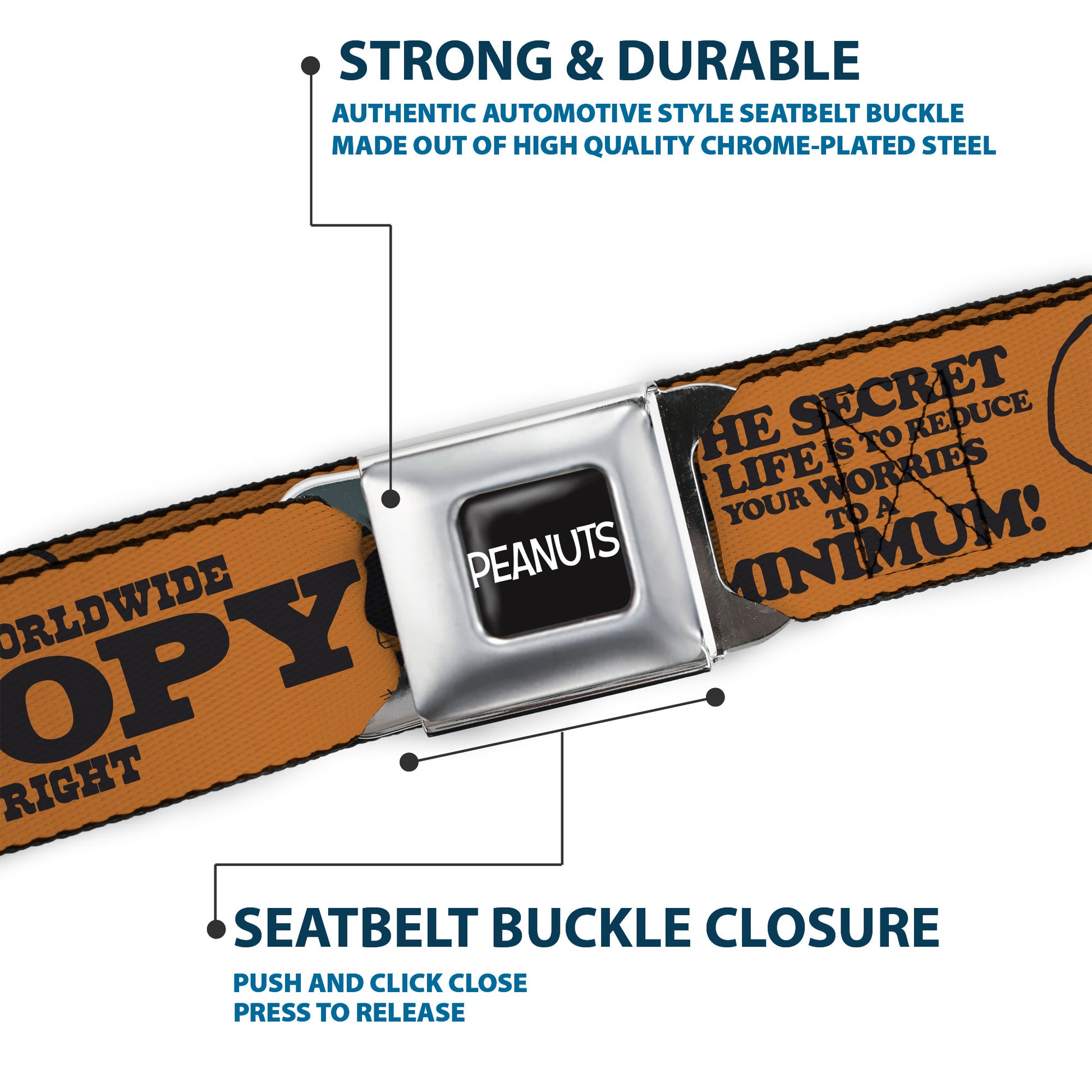 PEANUTS Title Logo Full Color Black/White Seatbelt Belt - Snoopy Poses and Quotes Collage Orange/Black Webbing Seatbelt Belts Peanuts