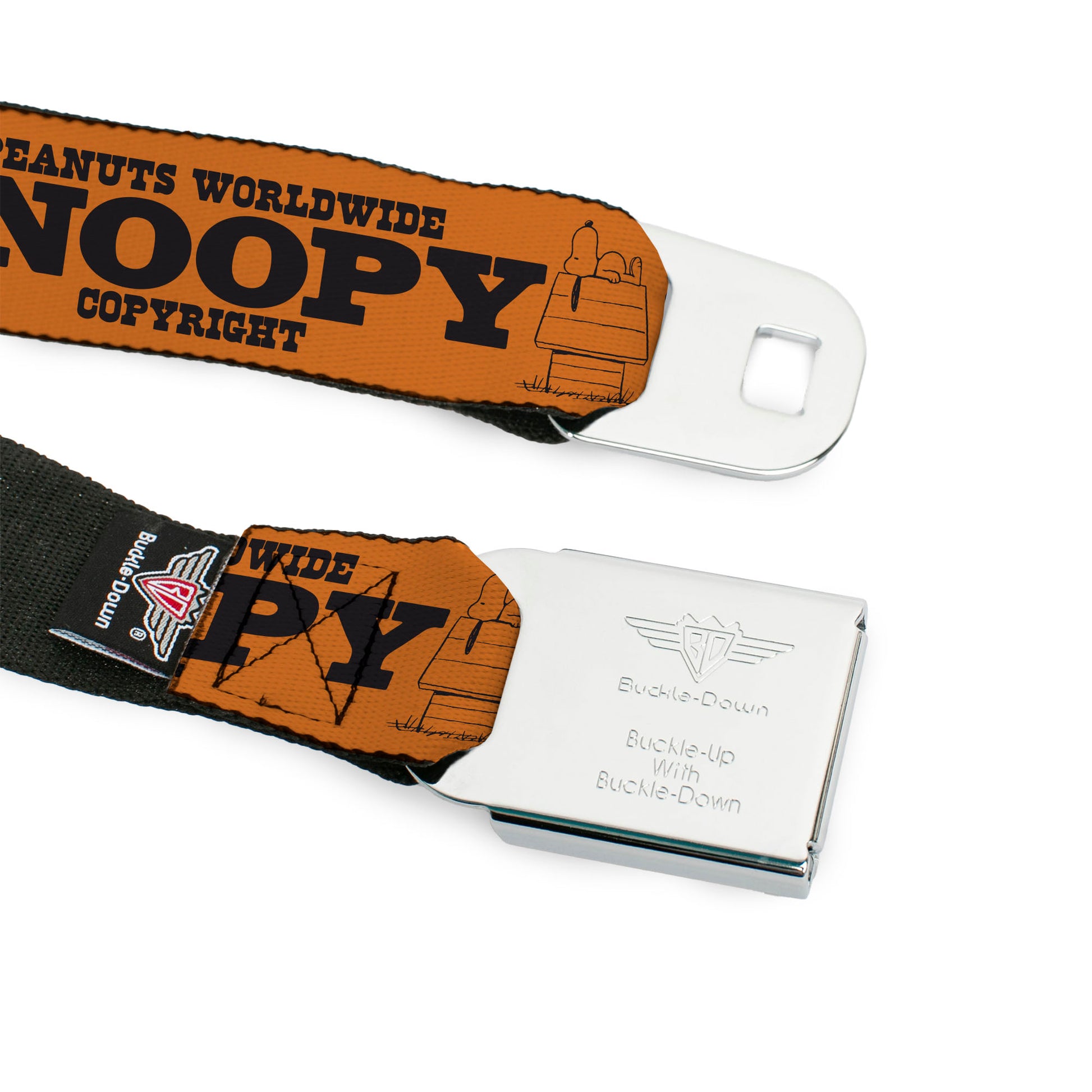 PEANUTS Title Logo Full Color Black/White Seatbelt Belt - Snoopy Poses and Quotes Collage Orange/Black Webbing Seatbelt Belts Peanuts