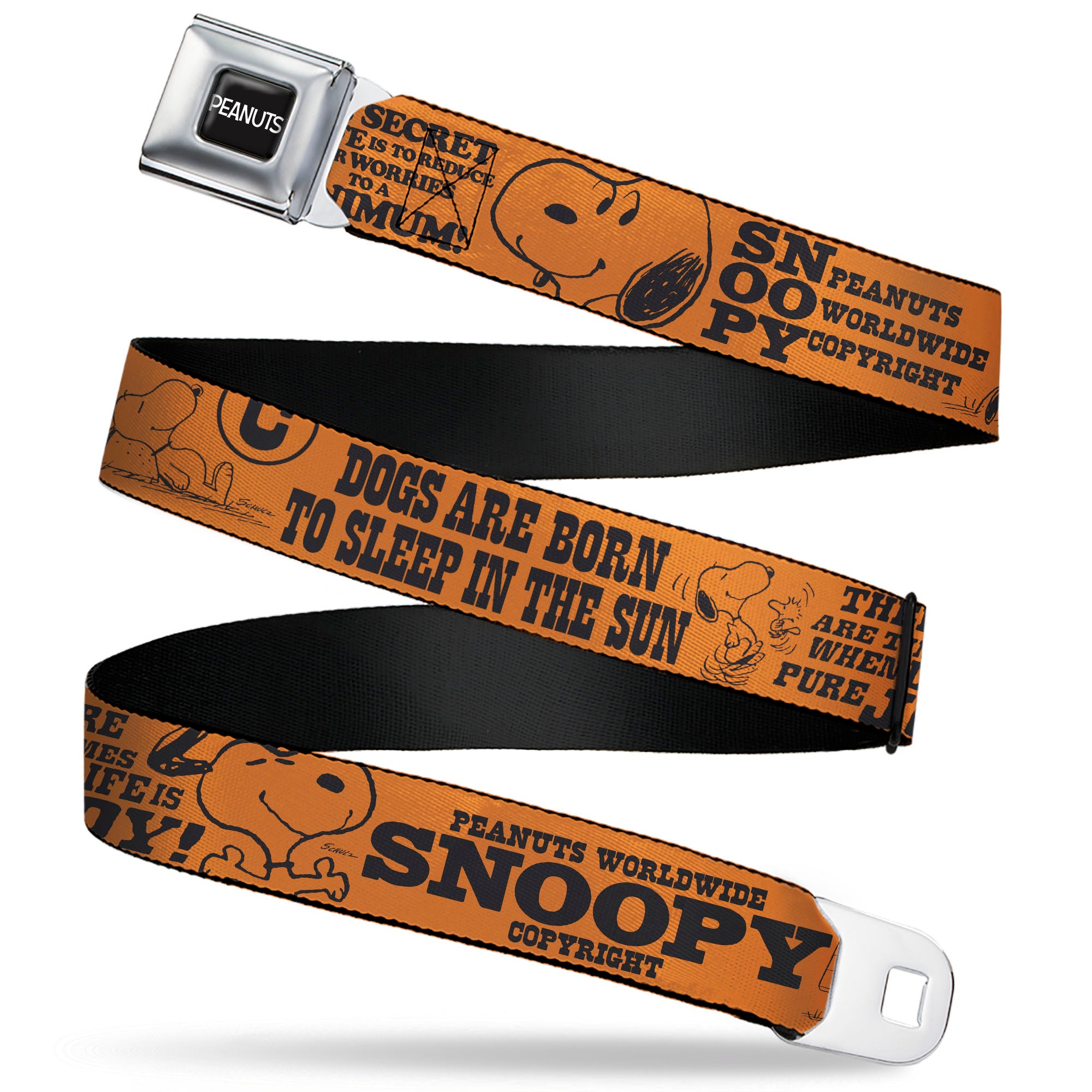 PEANUTS Title Logo Full Color Black/White Seatbelt Belt - Snoopy Poses and Quotes Collage Orange/Black Webbing Seatbelt Belts Peanuts