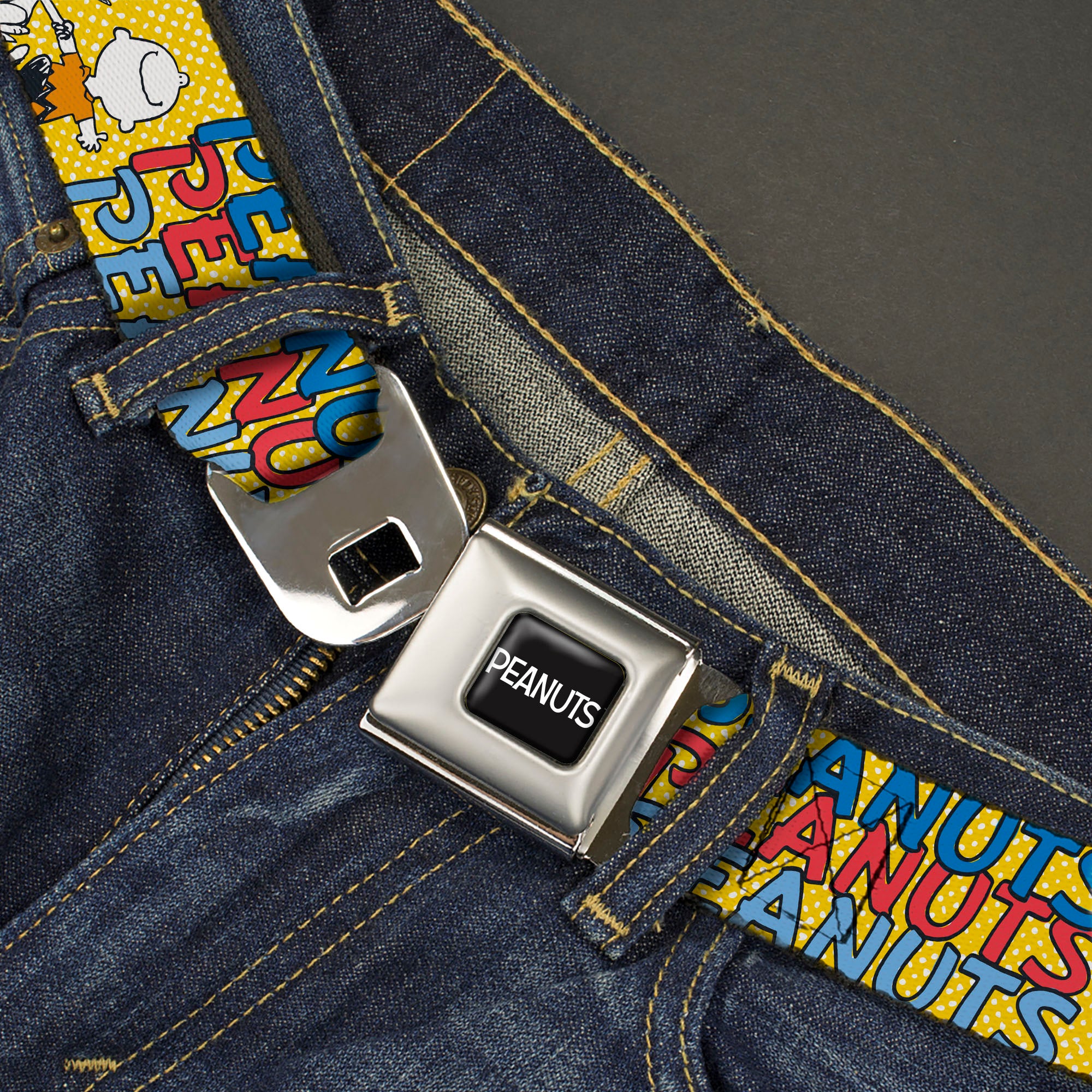 PEANUTS Title Logo Full Color Black/White Seatbelt Belt - PEANUTS Gang FEATURING GOOD OL CHARLIE BROWN Character Poses Yellow/Multi Color Webbing Seatbelt Belts Peanuts