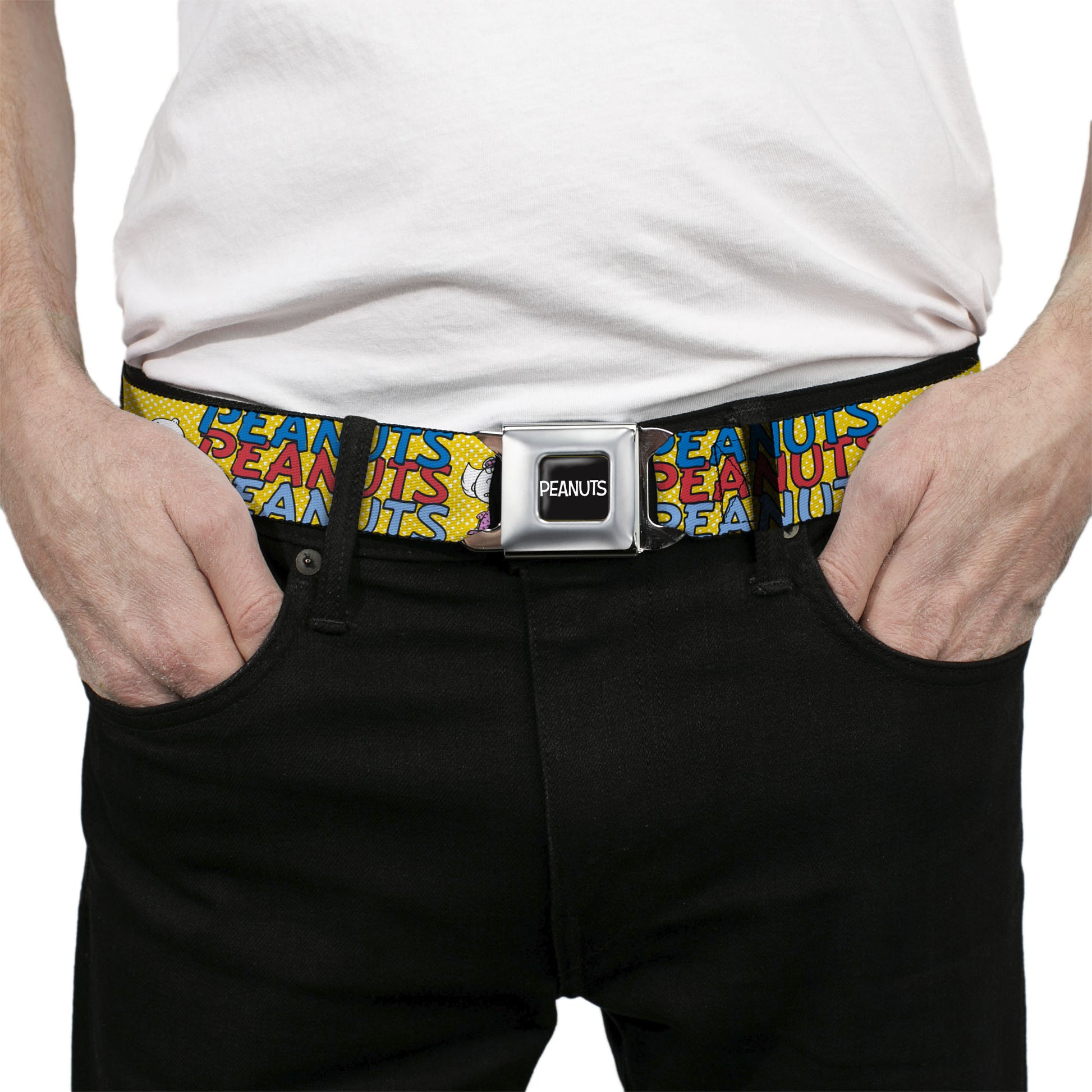 PEANUTS Title Logo Full Color Black/White Seatbelt Belt - PEANUTS Gang FEATURING GOOD OL CHARLIE BROWN Character Poses Yellow/Multi Color Webbing Seatbelt Belts Peanuts