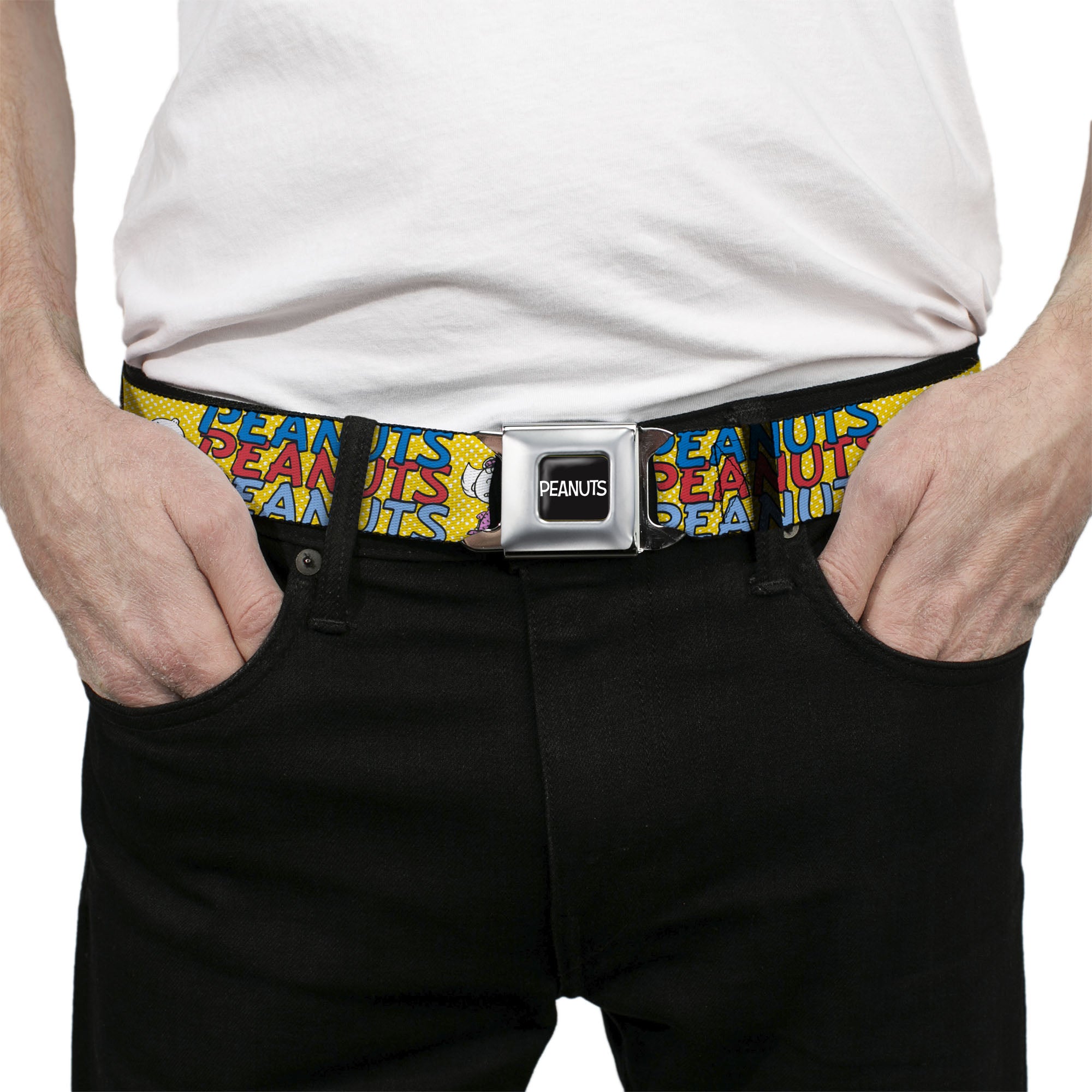PEANUTS Title Logo Full Color Black/White Seatbelt Belt - PEANUTS Gang FEATURING GOOD OL CHARLIE BROWN Character Poses Yellow/Multi Color Webbing Seatbelt Belts Peanuts