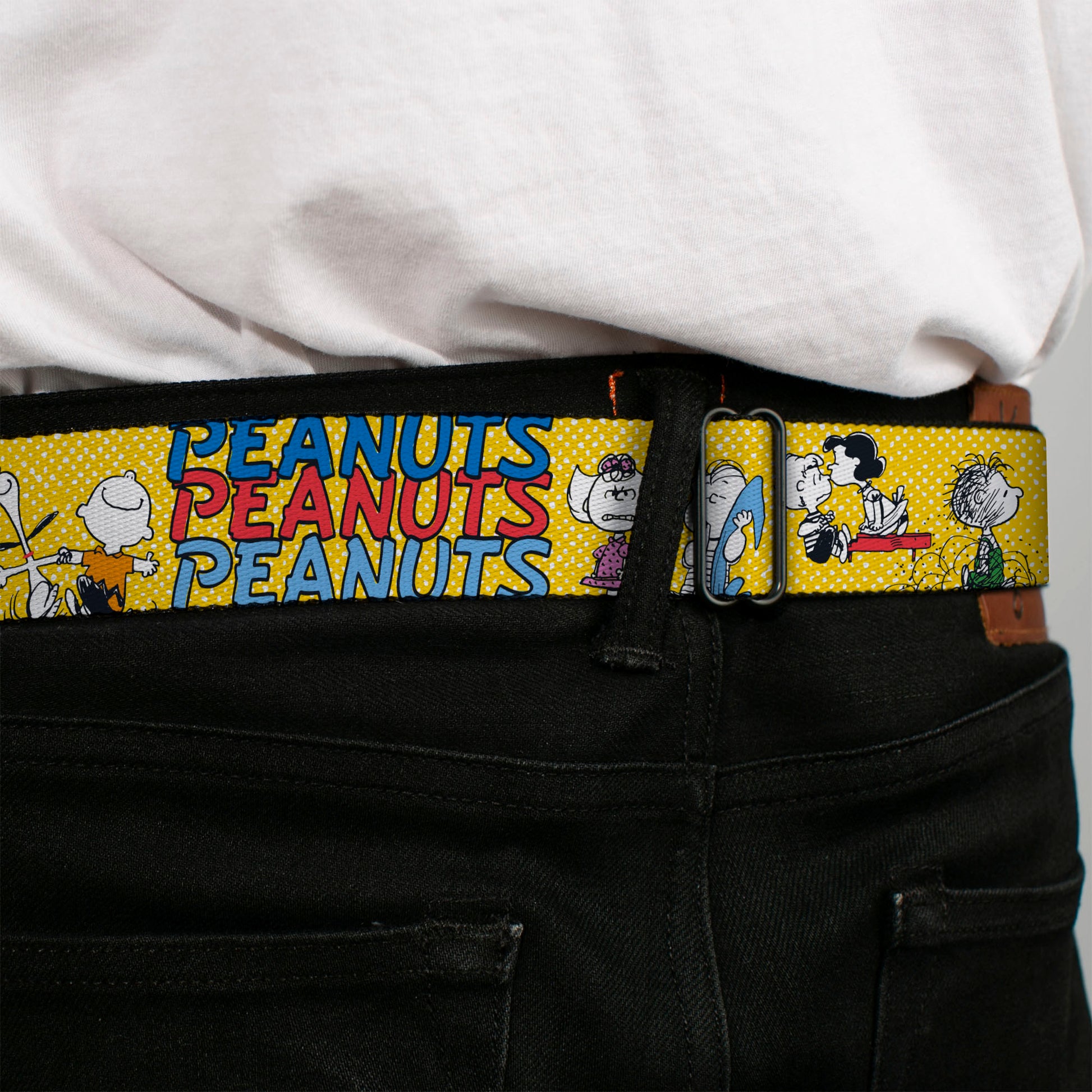 PEANUTS Title Logo Full Color Black/White Seatbelt Belt - PEANUTS Gang FEATURING GOOD OL CHARLIE BROWN Character Poses Yellow/Multi Color Webbing Seatbelt Belts Peanuts