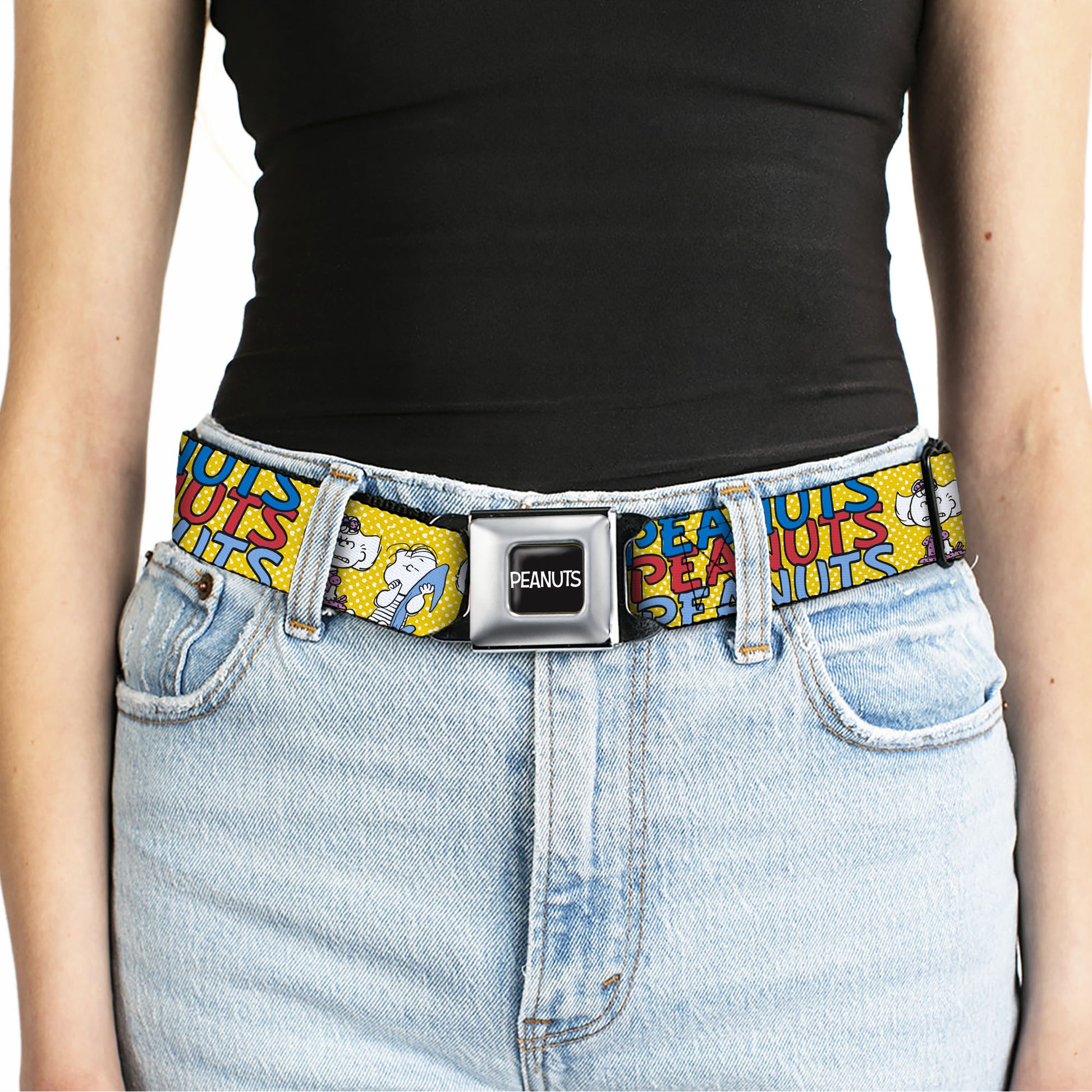 PEANUTS Title Logo Full Color Black/White Seatbelt Belt - PEANUTS Gang FEATURING GOOD OL CHARLIE BROWN Character Poses Yellow/Multi Color Webbing Seatbelt Belts Peanuts