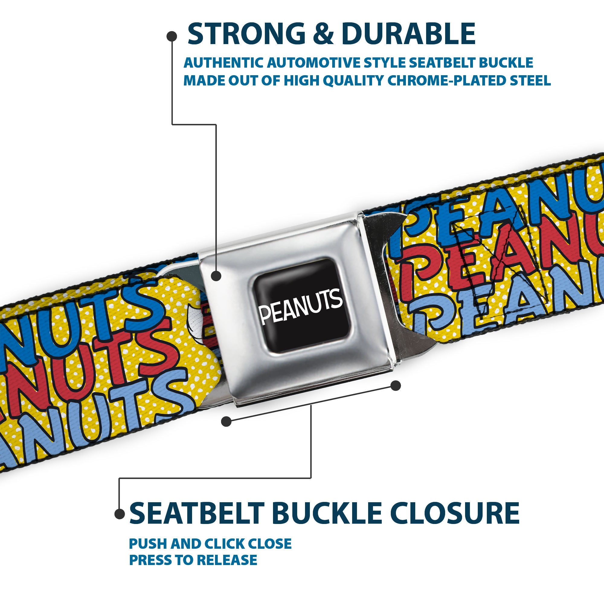 PEANUTS Title Logo Full Color Black/White Seatbelt Belt - PEANUTS Gang FEATURING GOOD OL CHARLIE BROWN Character Poses Yellow/Multi Color Webbing Seatbelt Belts Peanuts