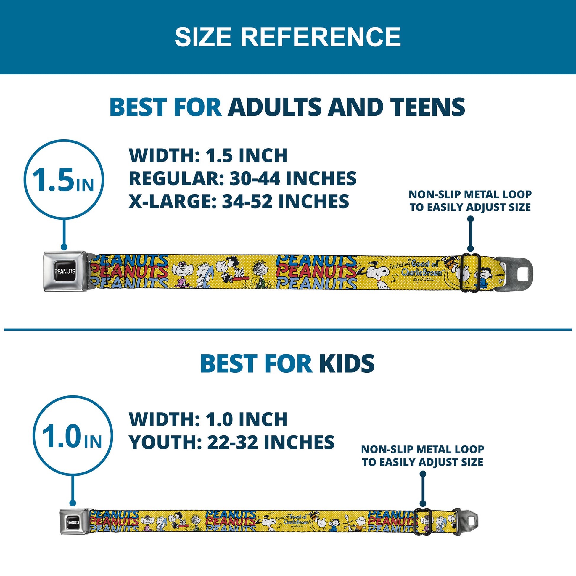 PEANUTS Title Logo Full Color Black/White Seatbelt Belt - PEANUTS Gang FEATURING GOOD OL CHARLIE BROWN Character Poses Yellow/Multi Color Webbing Seatbelt Belts Peanuts