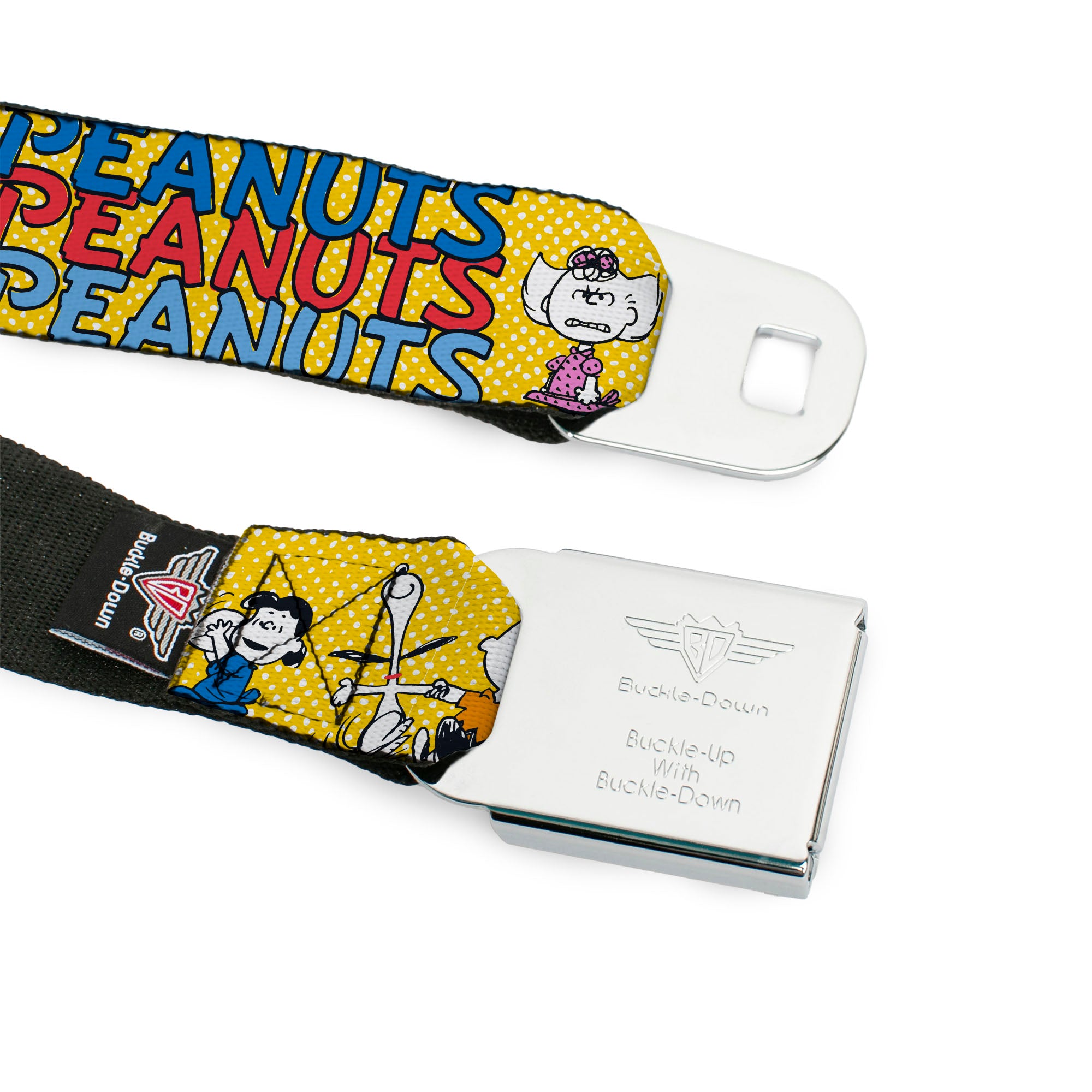 PEANUTS Title Logo Full Color Black/White Seatbelt Belt - PEANUTS Gang FEATURING GOOD OL CHARLIE BROWN Character Poses Yellow/Multi Color Webbing Seatbelt Belts Peanuts
