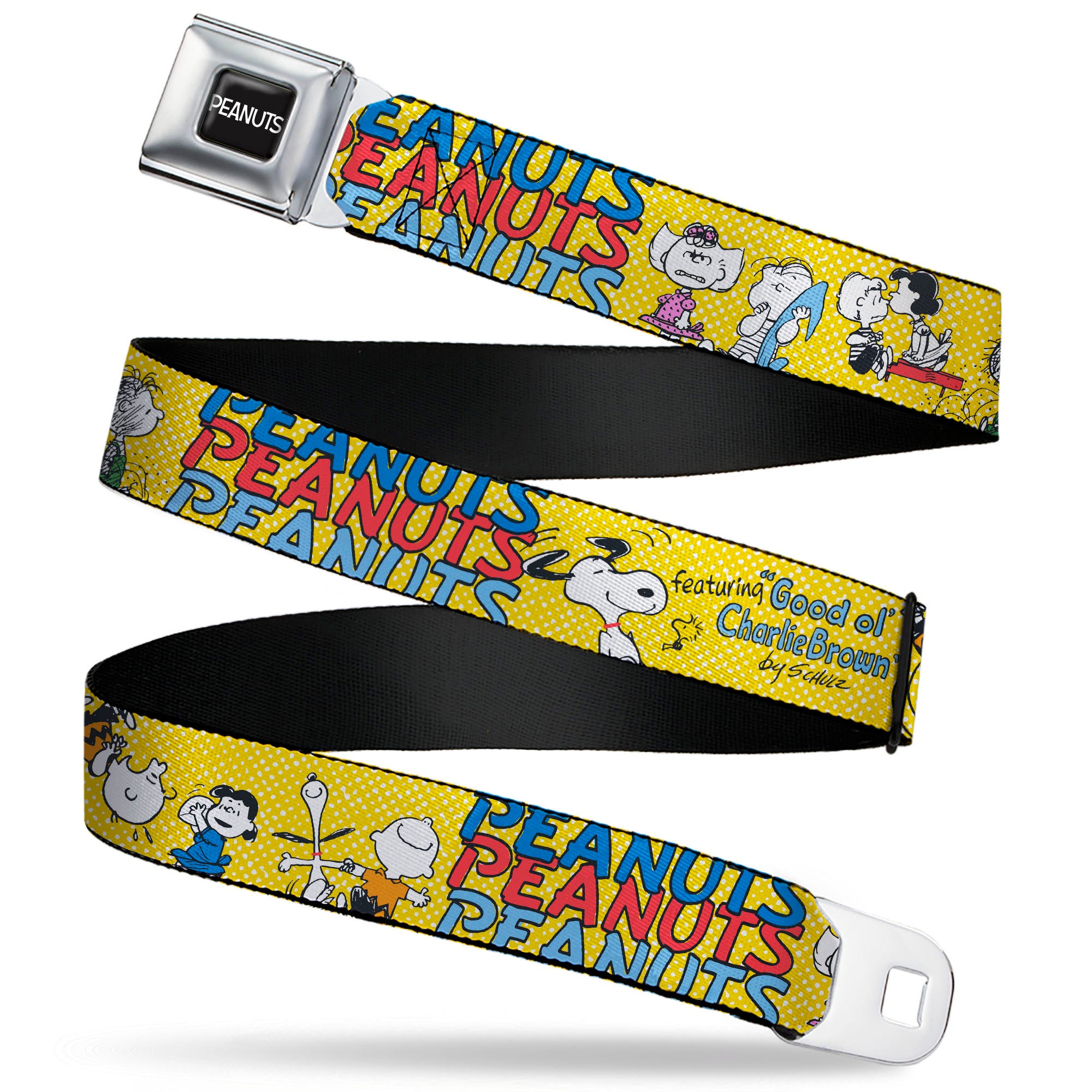 PEANUTS Title Logo Full Color Black/White Seatbelt Belt - PEANUTS Gang FEATURING GOOD OL CHARLIE BROWN Character Poses Yellow/Multi Color Webbing Seatbelt Belts Peanuts