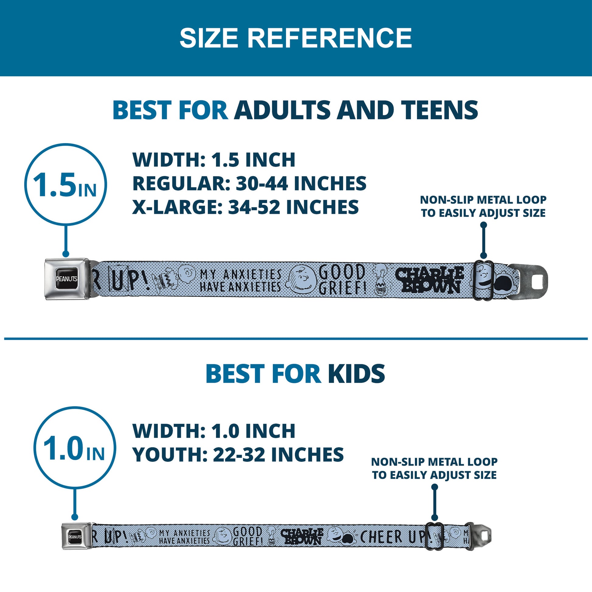 PEANUTS Title Logo Full Color Black/White Seatbelt Belt - CHARLIE BROWN Poses and Quotes Baby Blue/Black Webbing Seatbelt Belts Peanuts