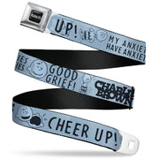 PEANUTS Title Logo Full Color Black/White Seatbelt Belt - CHARLIE BROWN Poses and Quotes Baby Blue/Black Webbing Seatbelt Belts Peanuts
