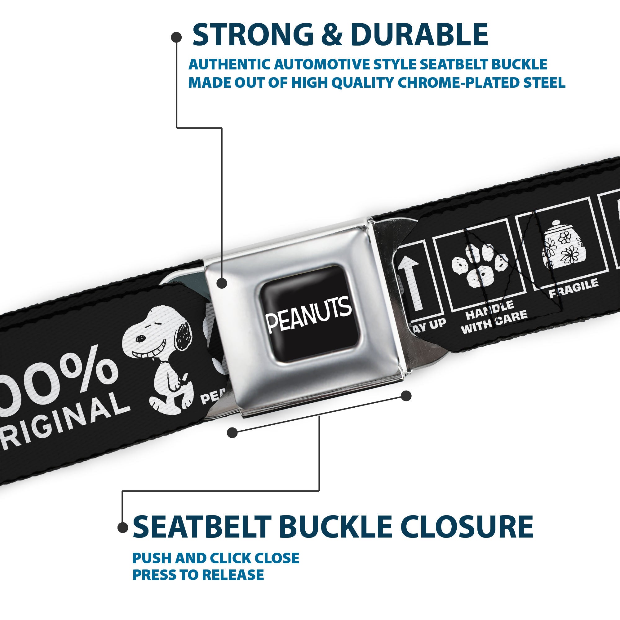 PEANUTS Title Logo Full Color Black/White Seatbelt Belt - Peanuts SNOOPY Care Symbols 100% ORIGINAL Black/White Webbing Seatbelt Belts Peanuts