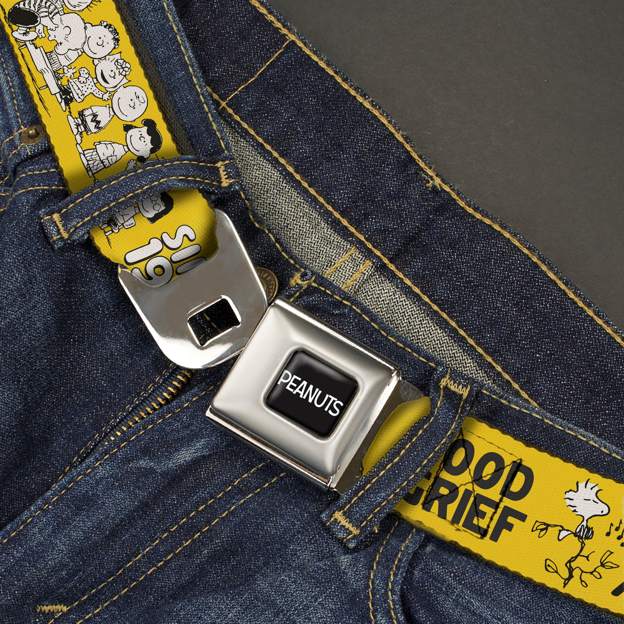 PEANUTS Title Logo Full Color Black/White Seatbelt Belt - PEANUTS Gang SINCE 1950 GOOD GRIEF Group Pose Yellow/Black Webbing Seatbelt Belts Peanuts