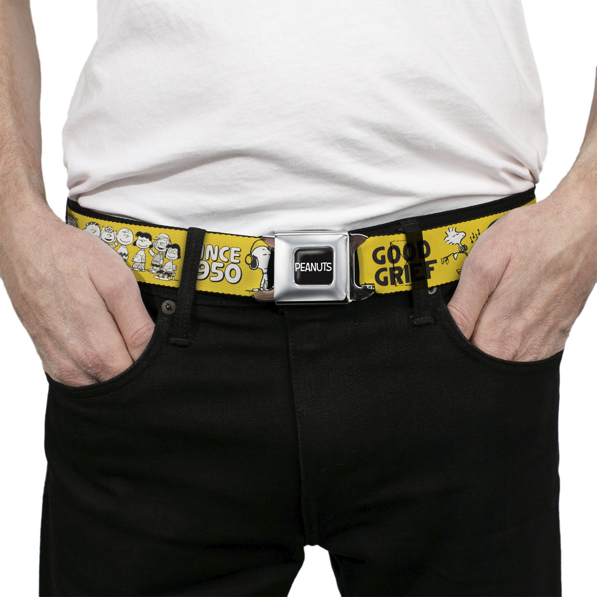 PEANUTS Title Logo Full Color Black/White Seatbelt Belt - PEANUTS Gang SINCE 1950 GOOD GRIEF Group Pose Yellow/Black Webbing Seatbelt Belts Peanuts