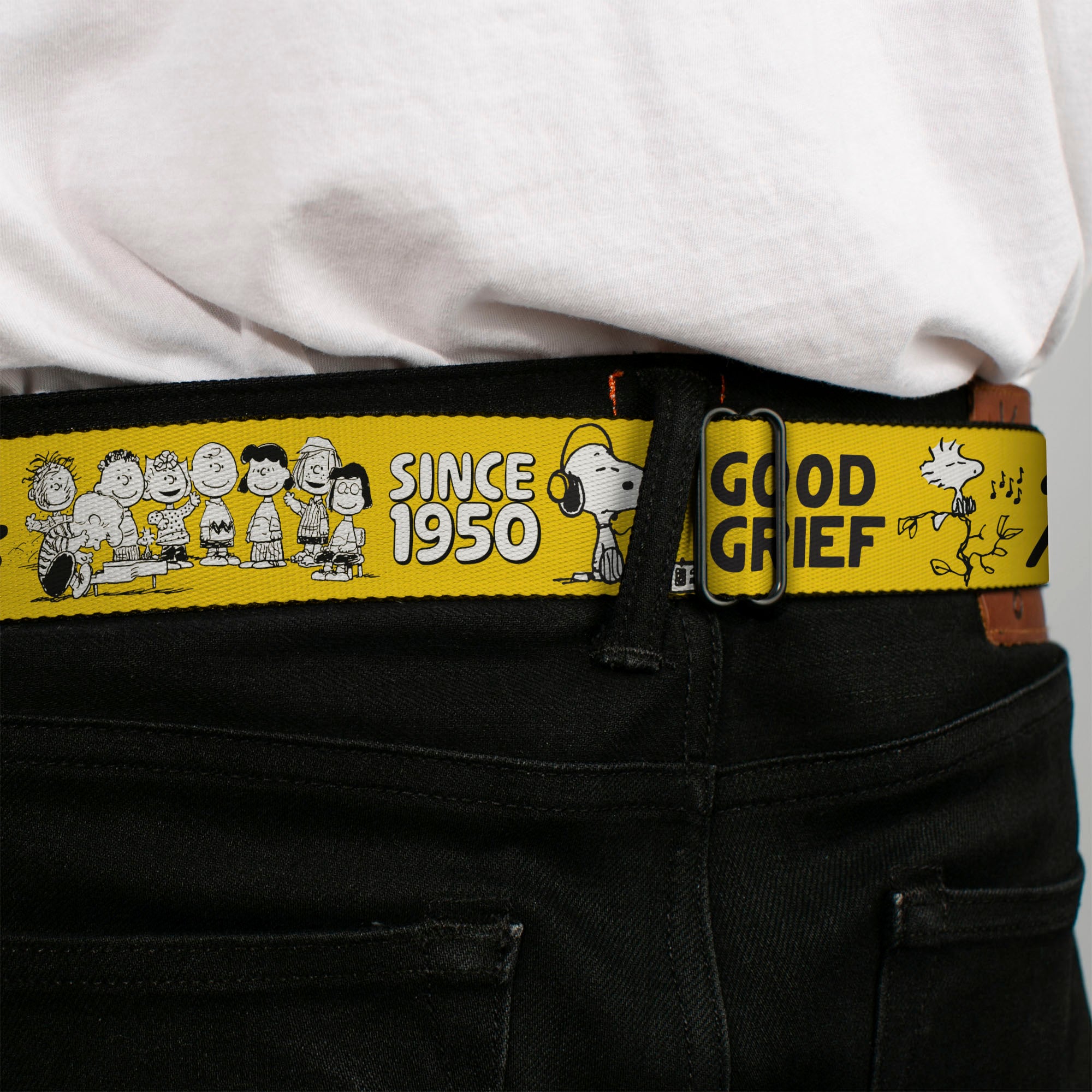 PEANUTS Title Logo Full Color Black/White Seatbelt Belt - PEANUTS Gang SINCE 1950 GOOD GRIEF Group Pose Yellow/Black Webbing Seatbelt Belts Peanuts