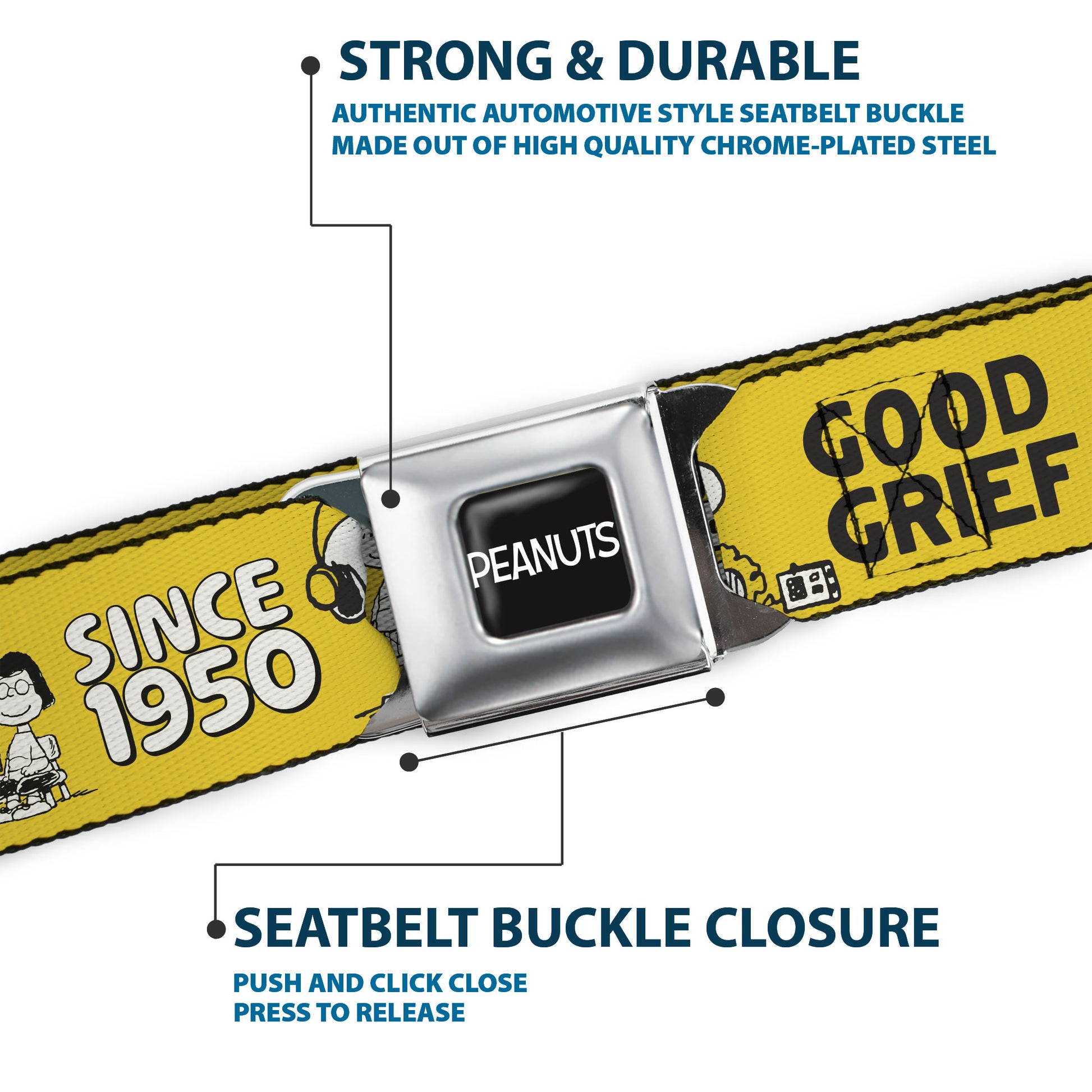 PEANUTS Title Logo Full Color Black/White Seatbelt Belt - PEANUTS Gang SINCE 1950 GOOD GRIEF Group Pose Yellow/Black Webbing Seatbelt Belts Peanuts