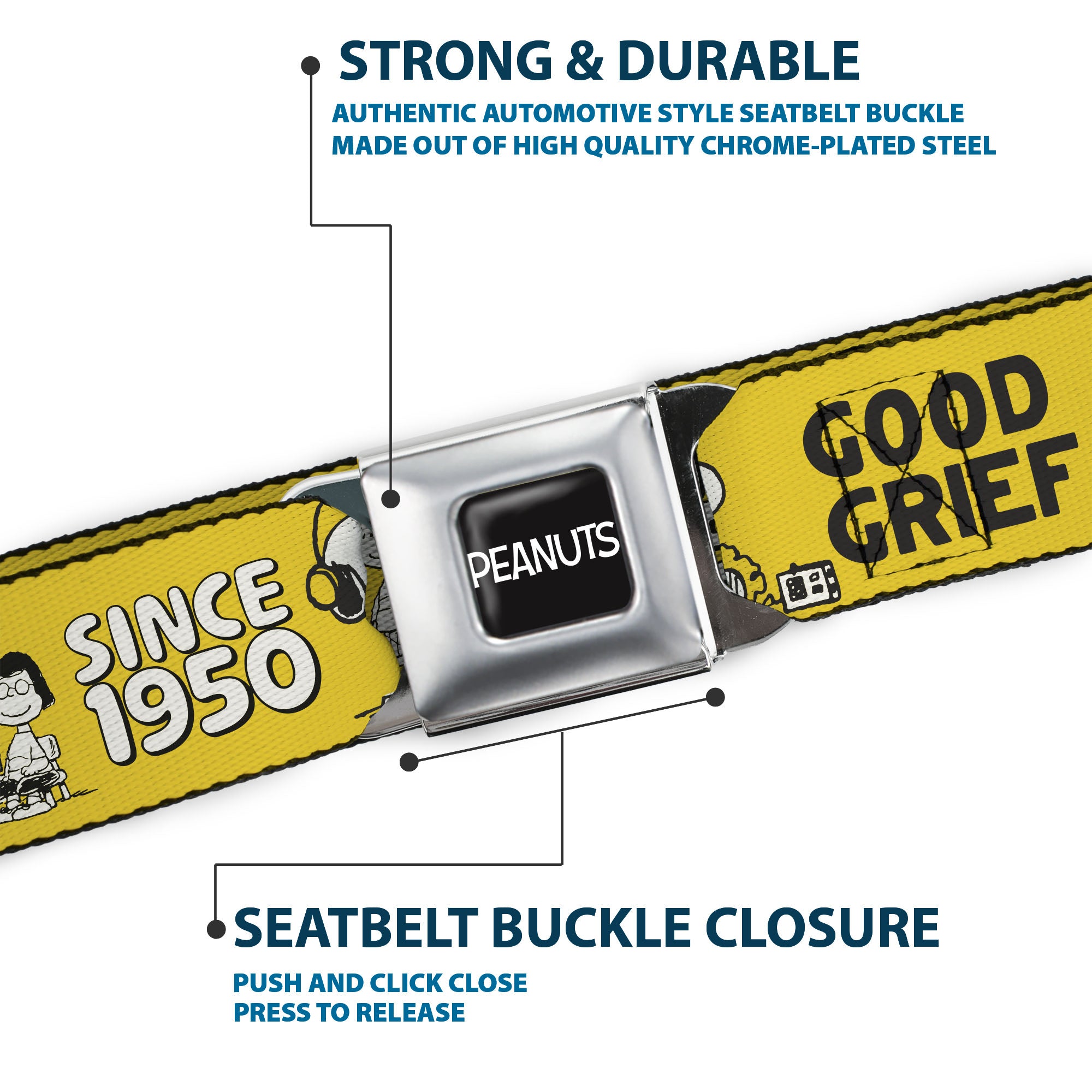 PEANUTS Title Logo Full Color Black/White Seatbelt Belt - PEANUTS Gang SINCE 1950 GOOD GRIEF Group Pose Yellow/Black Webbing Seatbelt Belts Peanuts