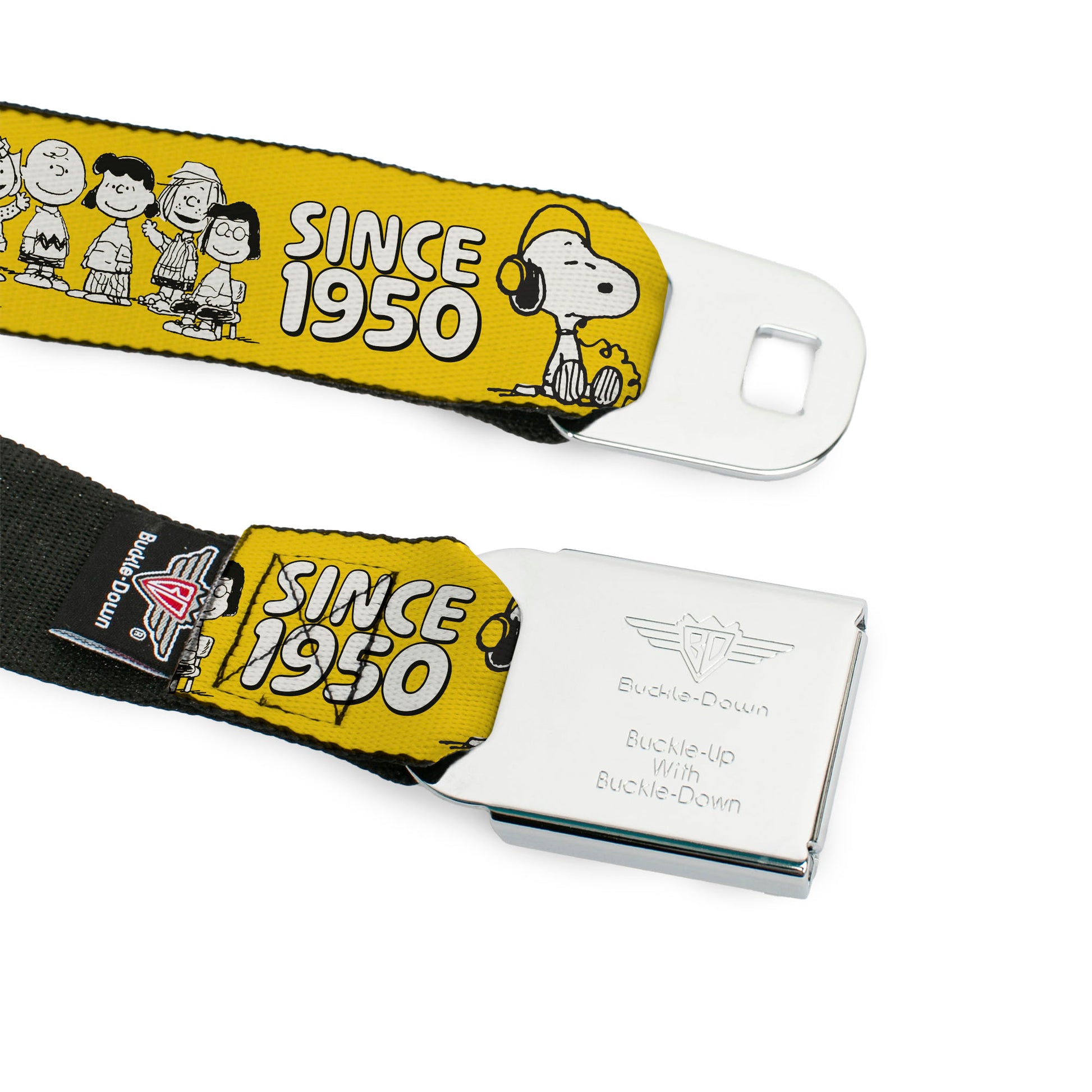 PEANUTS Title Logo Full Color Black/White Seatbelt Belt - PEANUTS Gang SINCE 1950 GOOD GRIEF Group Pose Yellow/Black Webbing Seatbelt Belts Peanuts