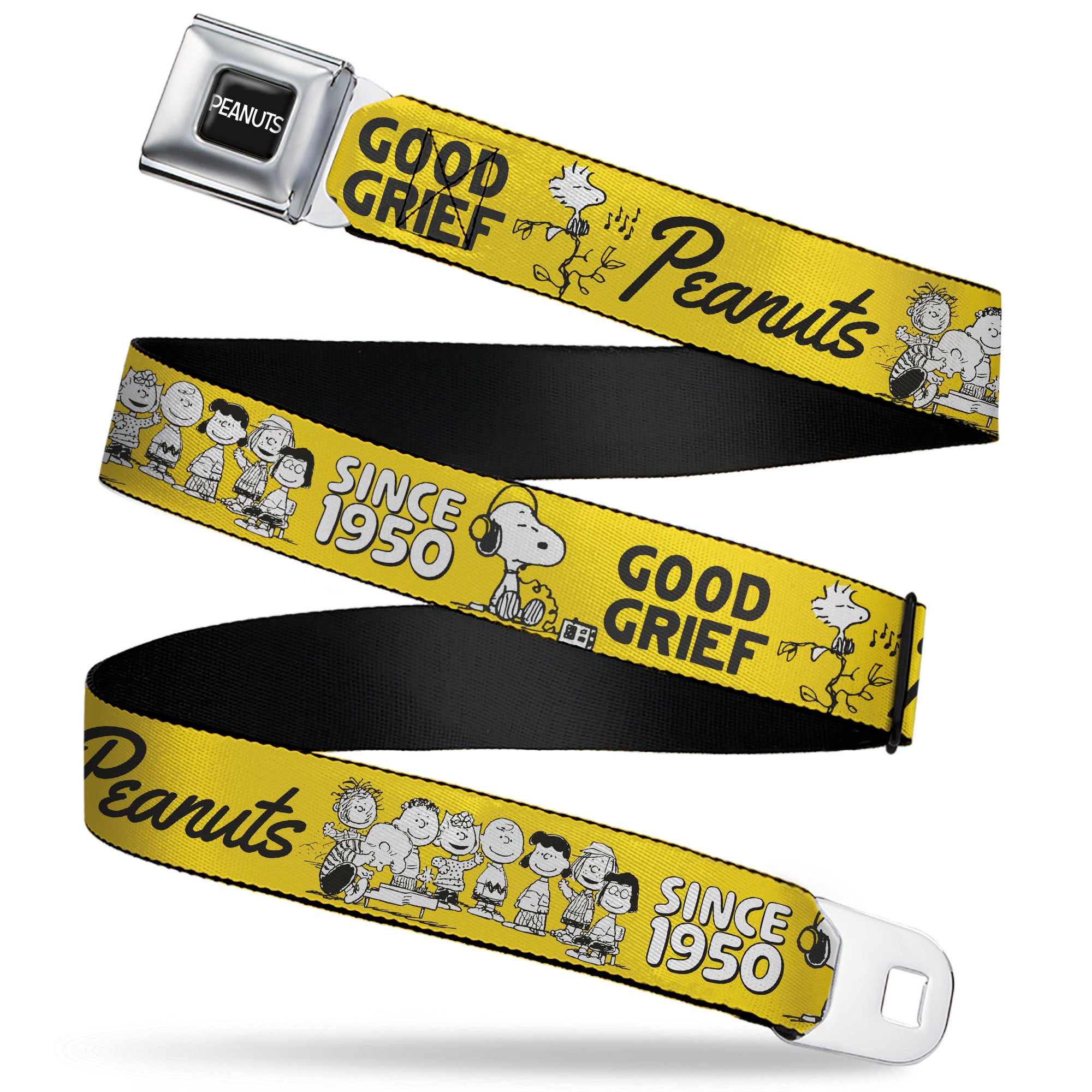 PEANUTS Title Logo Full Color Black/White Seatbelt Belt - PEANUTS Gang SINCE 1950 GOOD GRIEF Group Pose Yellow/Black Webbing Seatbelt Belts Peanuts