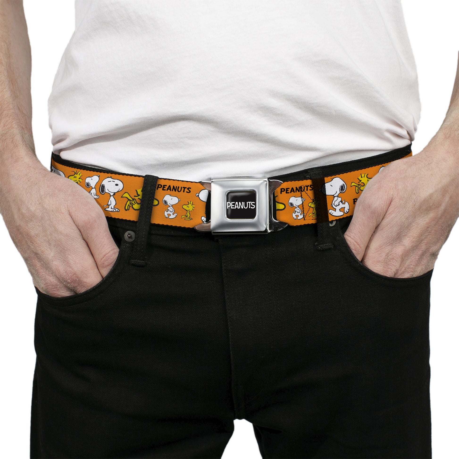 PEANUTS Title Logo Full Color Black/White Seatbelt Belt - PEANUTS Snoopy and Woodstock Poses Collage Orange Webbing Seatbelt Belts Peanuts