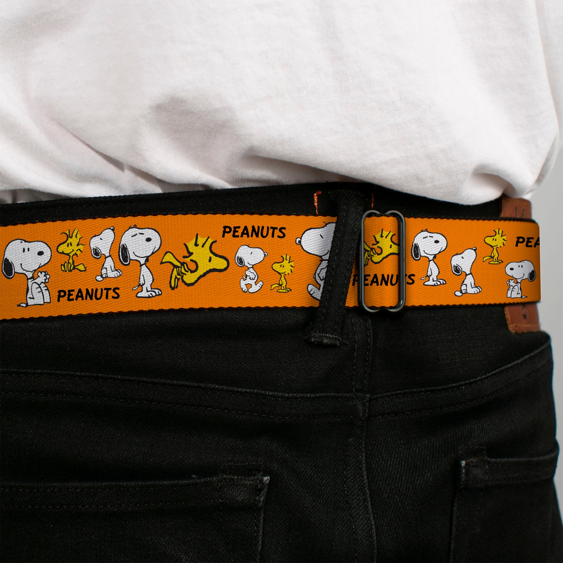 PEANUTS Title Logo Full Color Black/White Seatbelt Belt - PEANUTS Snoopy and Woodstock Poses Collage Orange Webbing Seatbelt Belts Peanuts