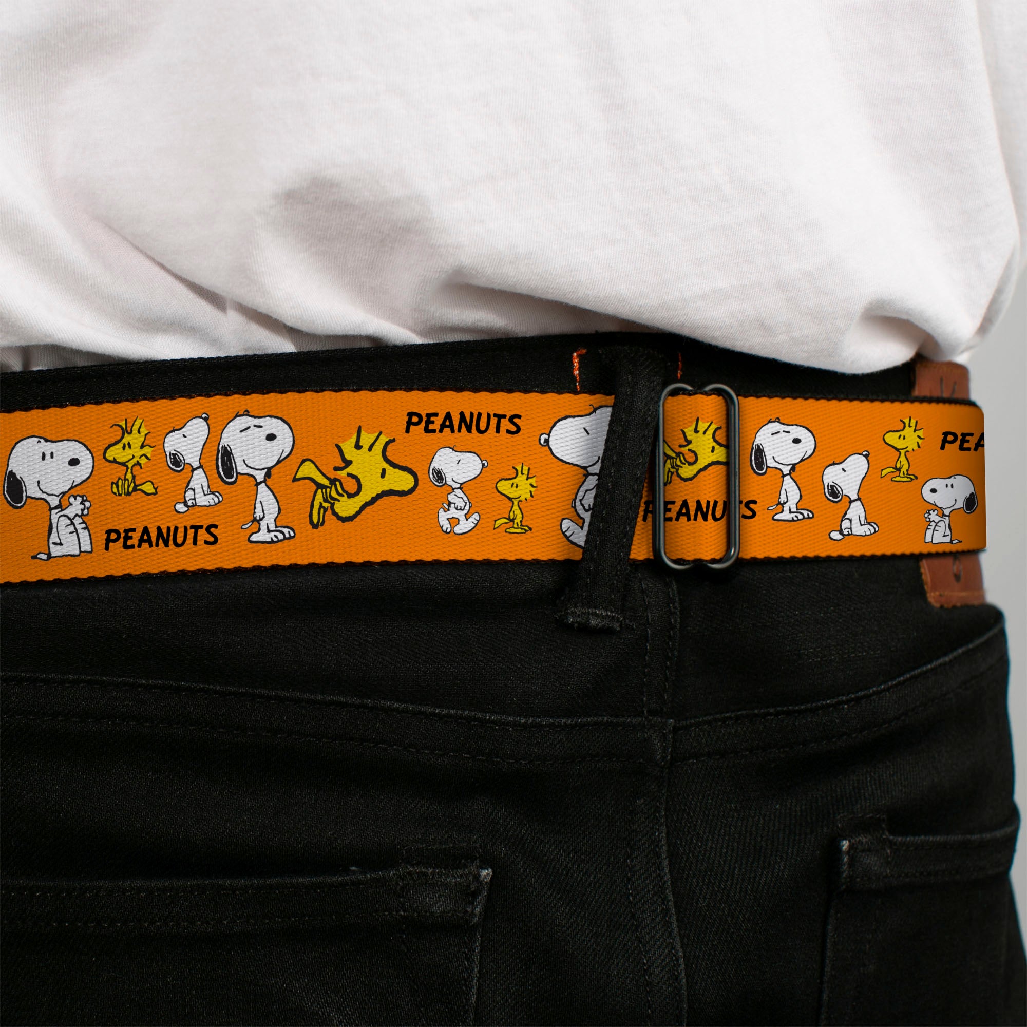 PEANUTS Title Logo Full Color Black/White Seatbelt Belt - PEANUTS Snoopy and Woodstock Poses Collage Orange Webbing Seatbelt Belts Peanuts