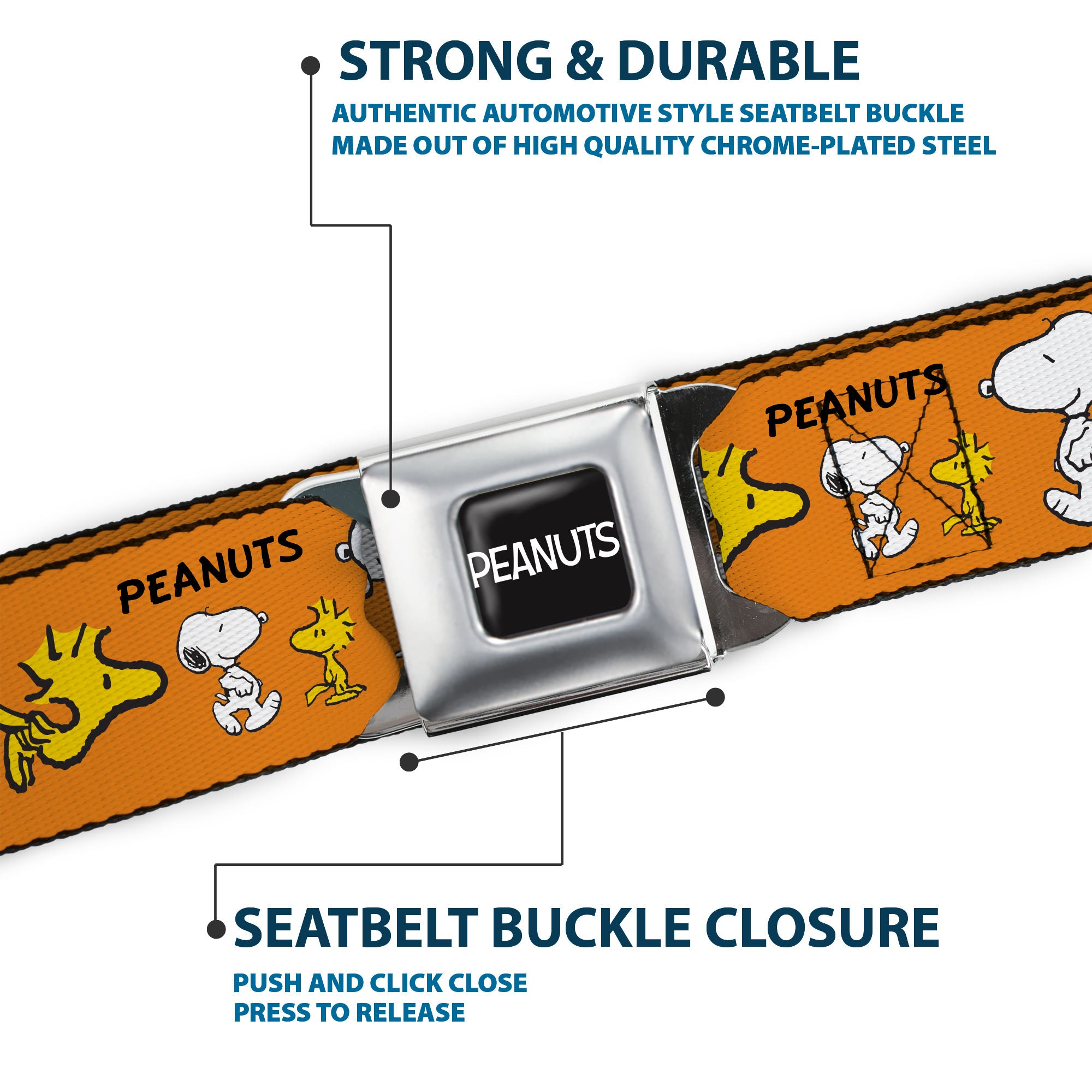 PEANUTS Title Logo Full Color Black/White Seatbelt Belt - PEANUTS Snoopy and Woodstock Poses Collage Orange Webbing Seatbelt Belts Peanuts