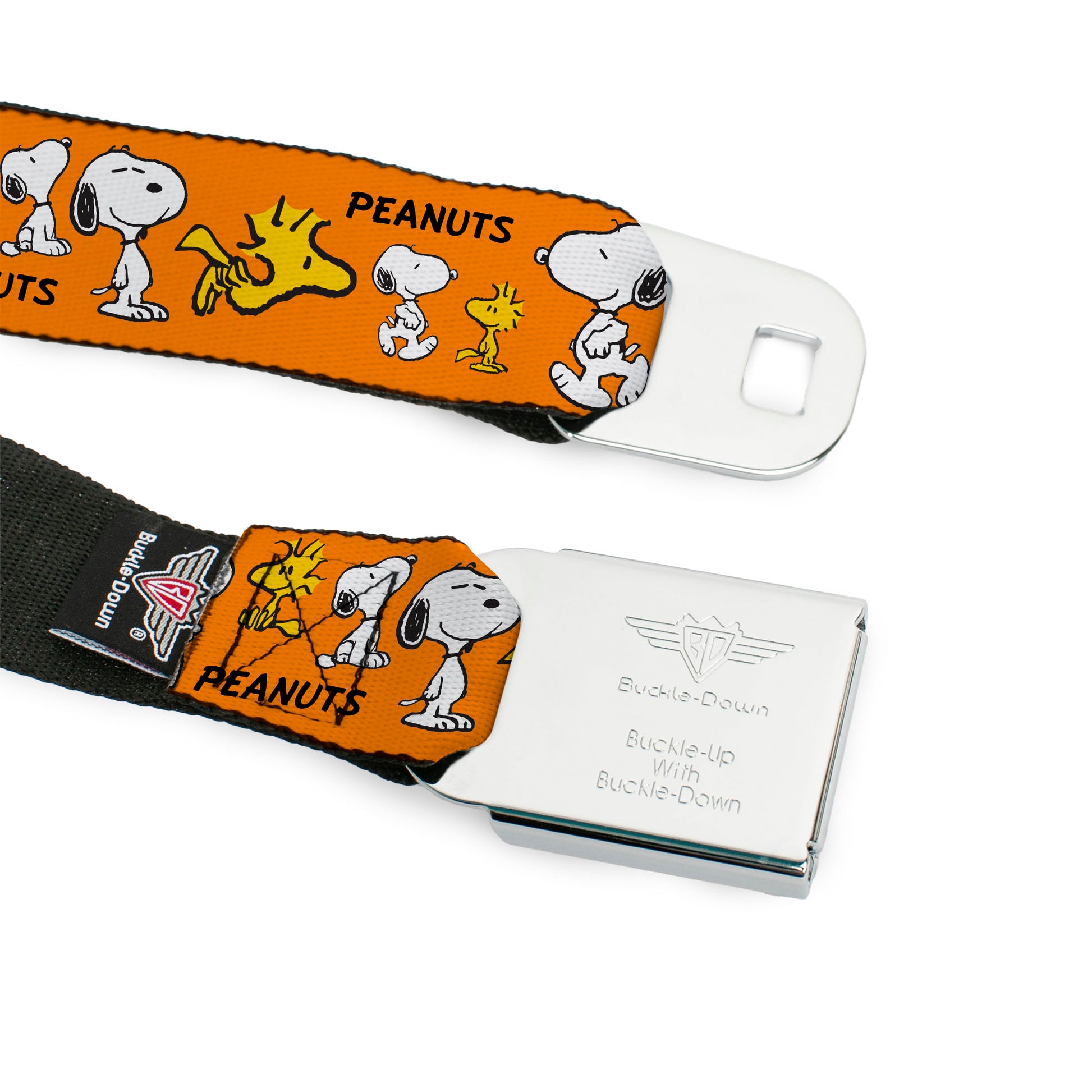 PEANUTS Title Logo Full Color Black/White Seatbelt Belt - PEANUTS Snoopy and Woodstock Poses Collage Orange Webbing Seatbelt Belts Peanuts
