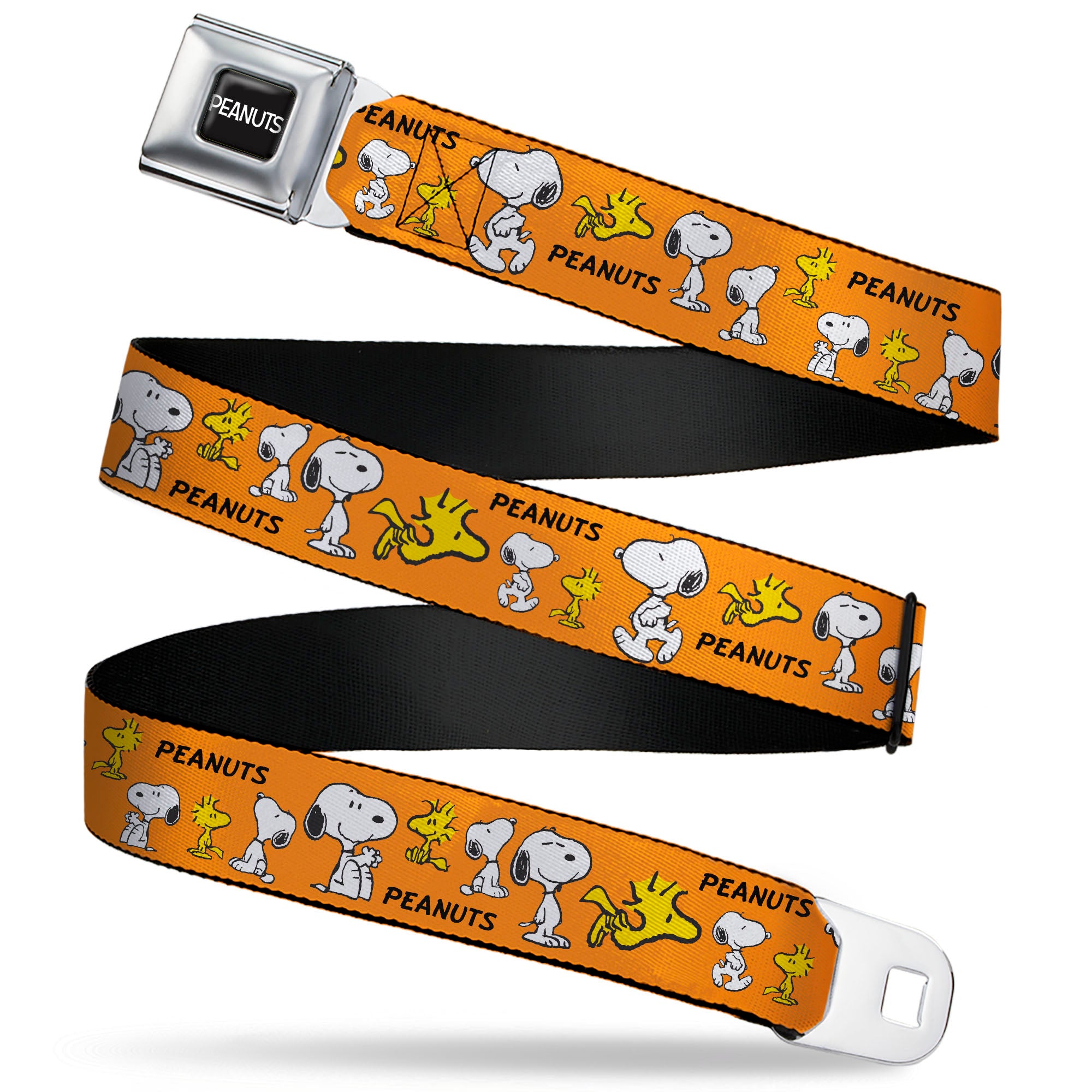 PEANUTS Title Logo Full Color Black/White Seatbelt Belt - PEANUTS Snoopy and Woodstock Poses Collage Orange Webbing Seatbelt Belts Peanuts