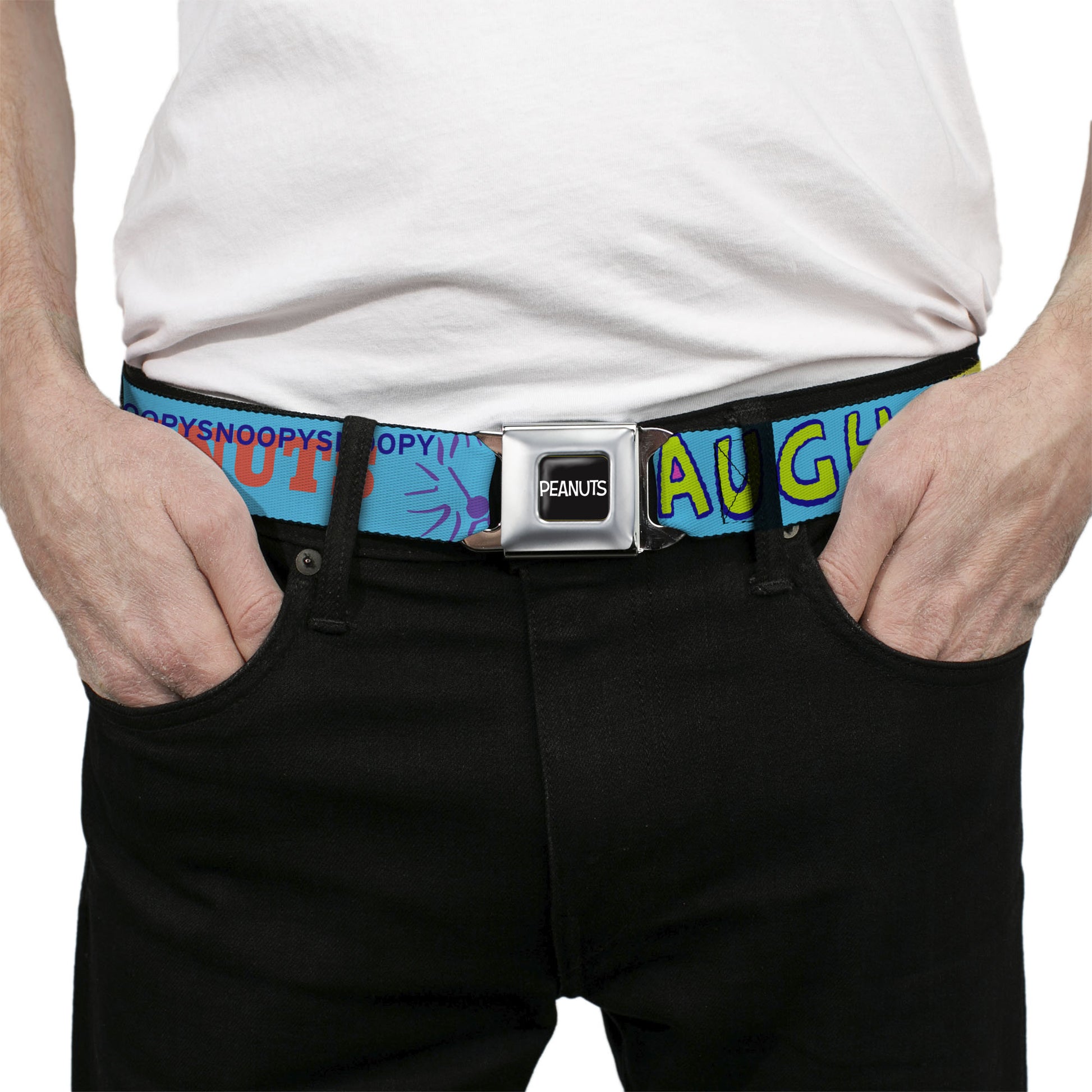 PEANUTS Title Logo Full Color Black/White Seatbelt Belt - PEANUTS Charlie Brown Snoopy and Woodstock Typography Collage Blue/Multi Color Webbing Seatbelt Belts Peanuts