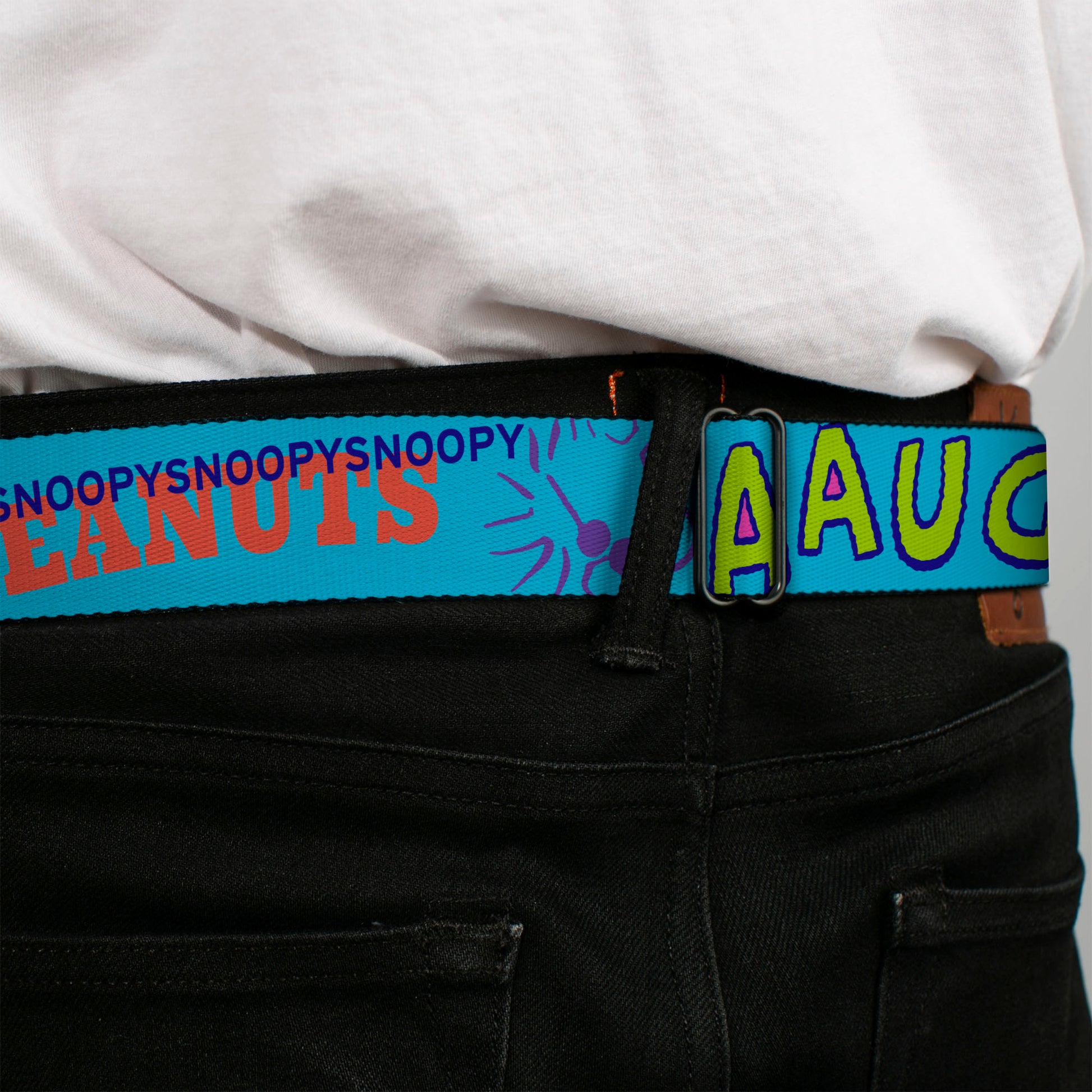 PEANUTS Title Logo Full Color Black/White Seatbelt Belt - PEANUTS Charlie Brown Snoopy and Woodstock Typography Collage Blue/Multi Color Webbing Seatbelt Belts Peanuts